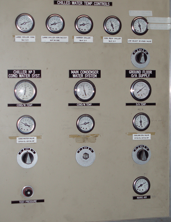 Pneumatic control panel with gauges and switches for the pneumatic control of the HVADC air-conditioning system in a commercial building in Melbourne Victoria.