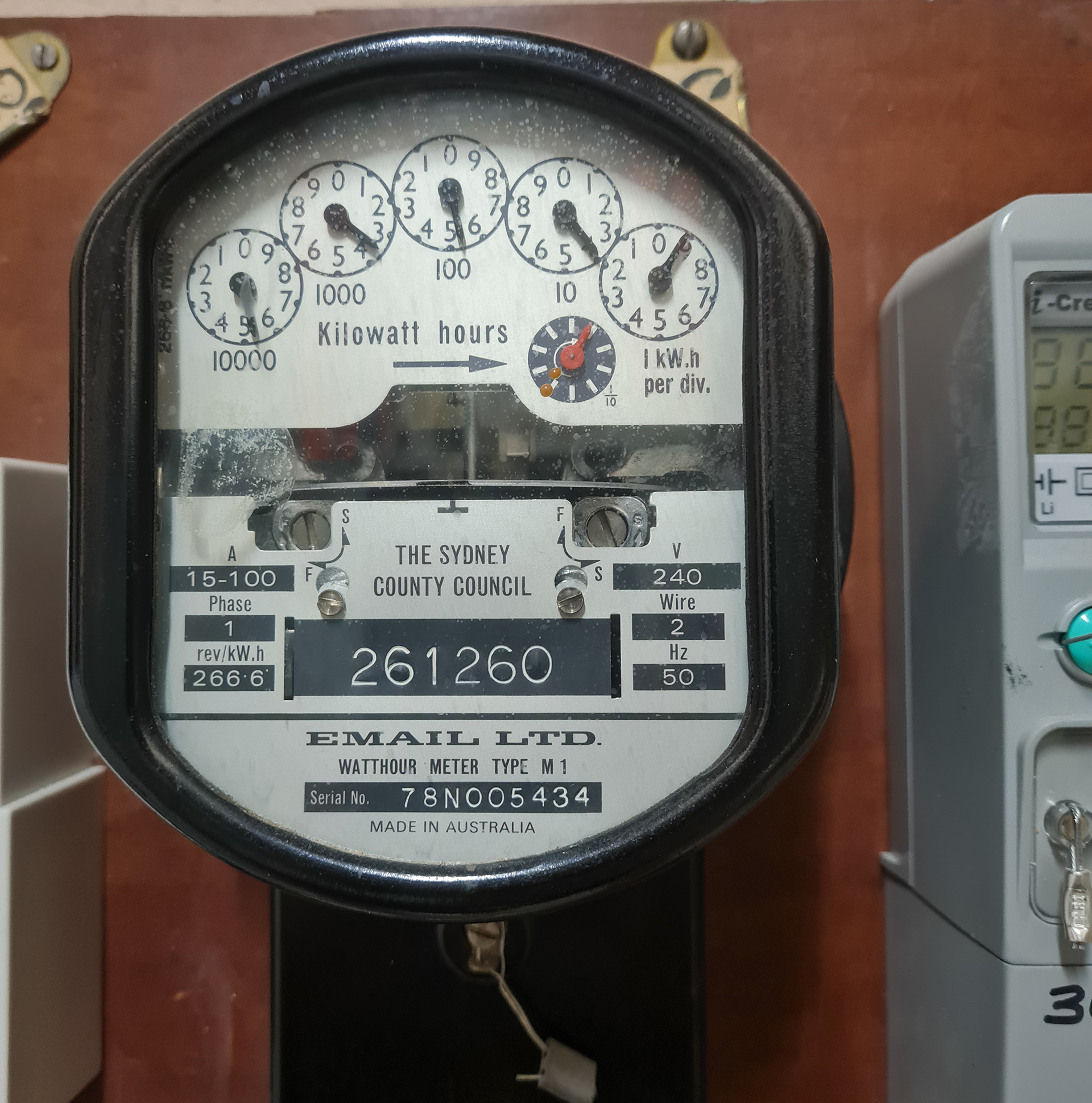 NABERS and Energy Metering in Commercial Buildings - An electrical energy meter from the 1990s installed on a backboard in a commercial building in Sydney's North