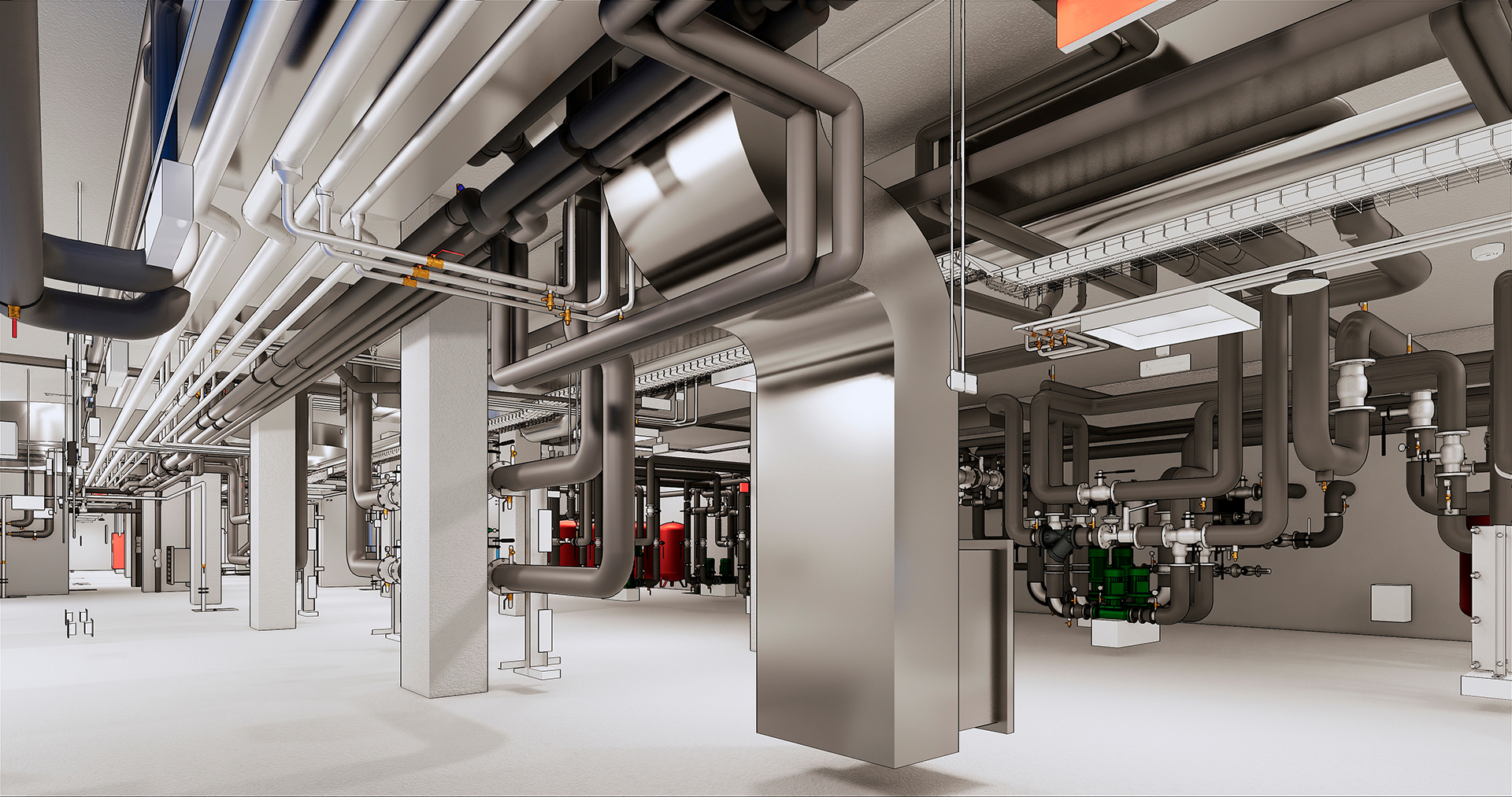 Building Management System graphic with majoor plant room in Melbourne commercial property in St Kilda Road, huge plant room, with VLVES, DUCTWORK, PIPES, CHILLERS, BOILERS, control peripherials and much more