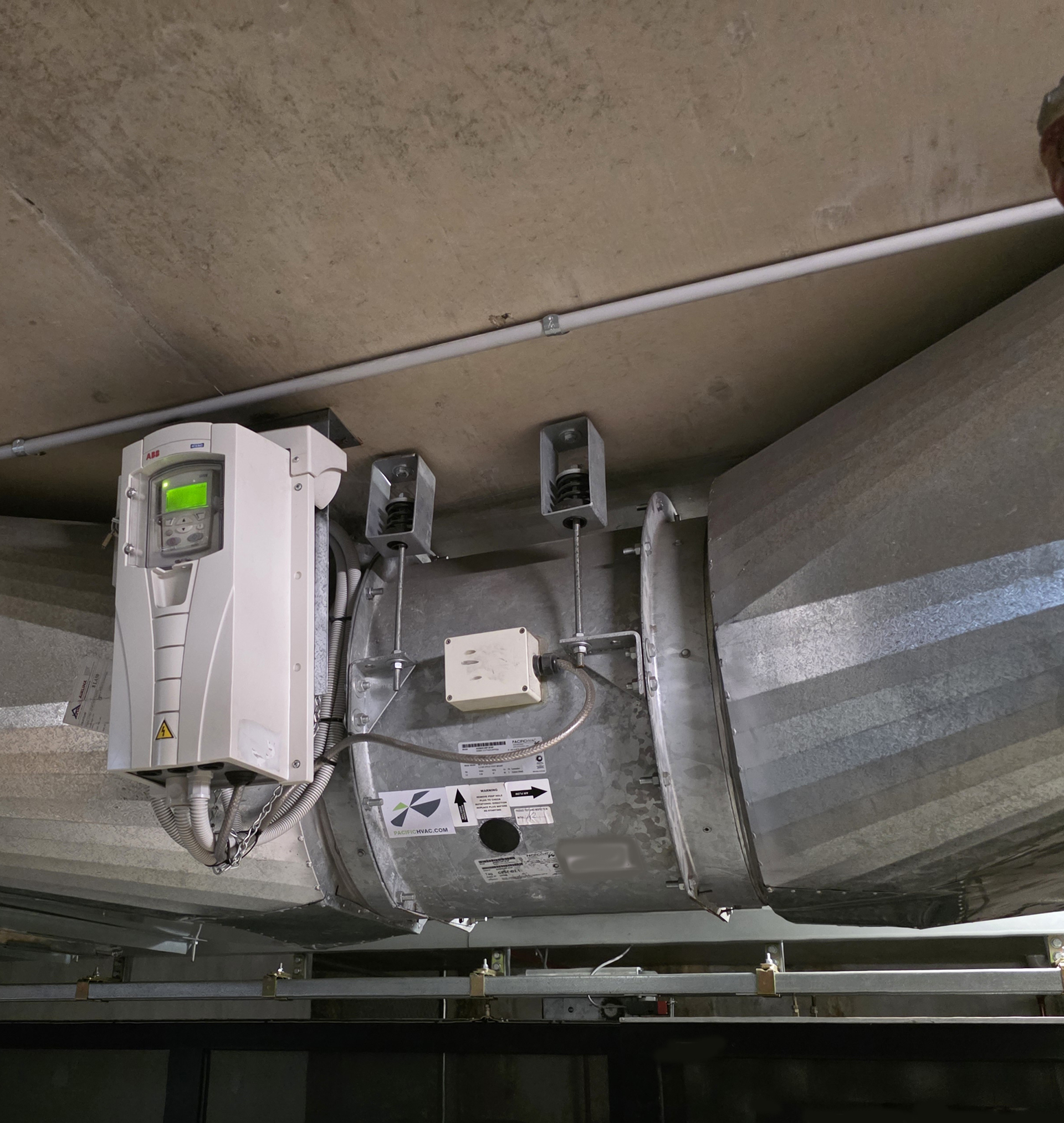 Melbourne Apartment Building Car park with car park exhaust fan with ABB Variable speed drive mounted adjacent and connected to the fan motor