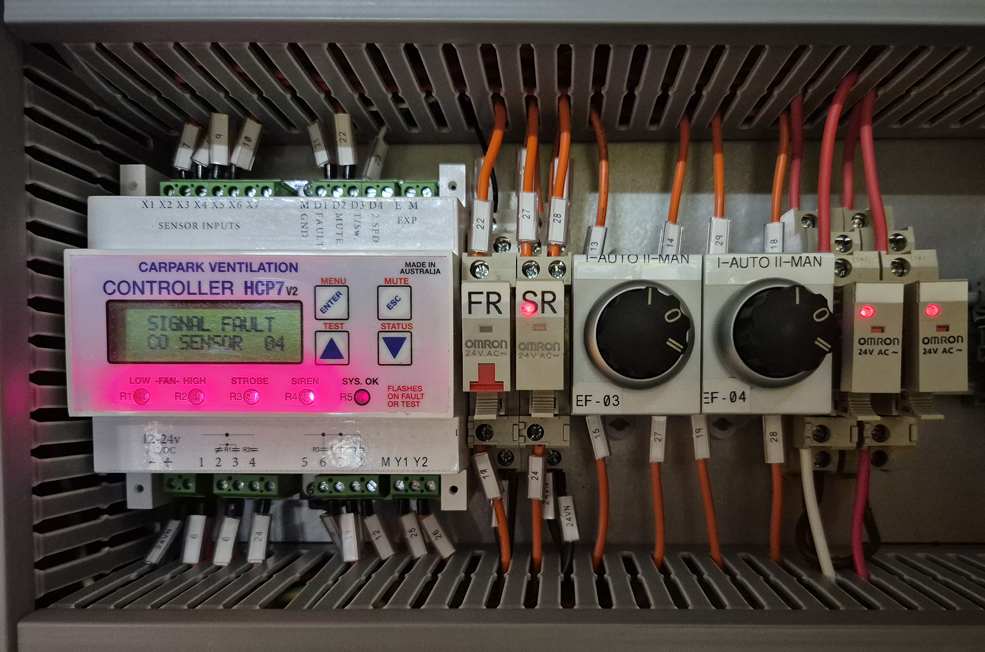 Six-Monthly Car Park Ventilation System Testing | Co Controller is being tested and the calibration of Co Sensors also being completed. Note the Red LEDs indicating alarm and activation of the Car park Exhaust air and Supply air Fans