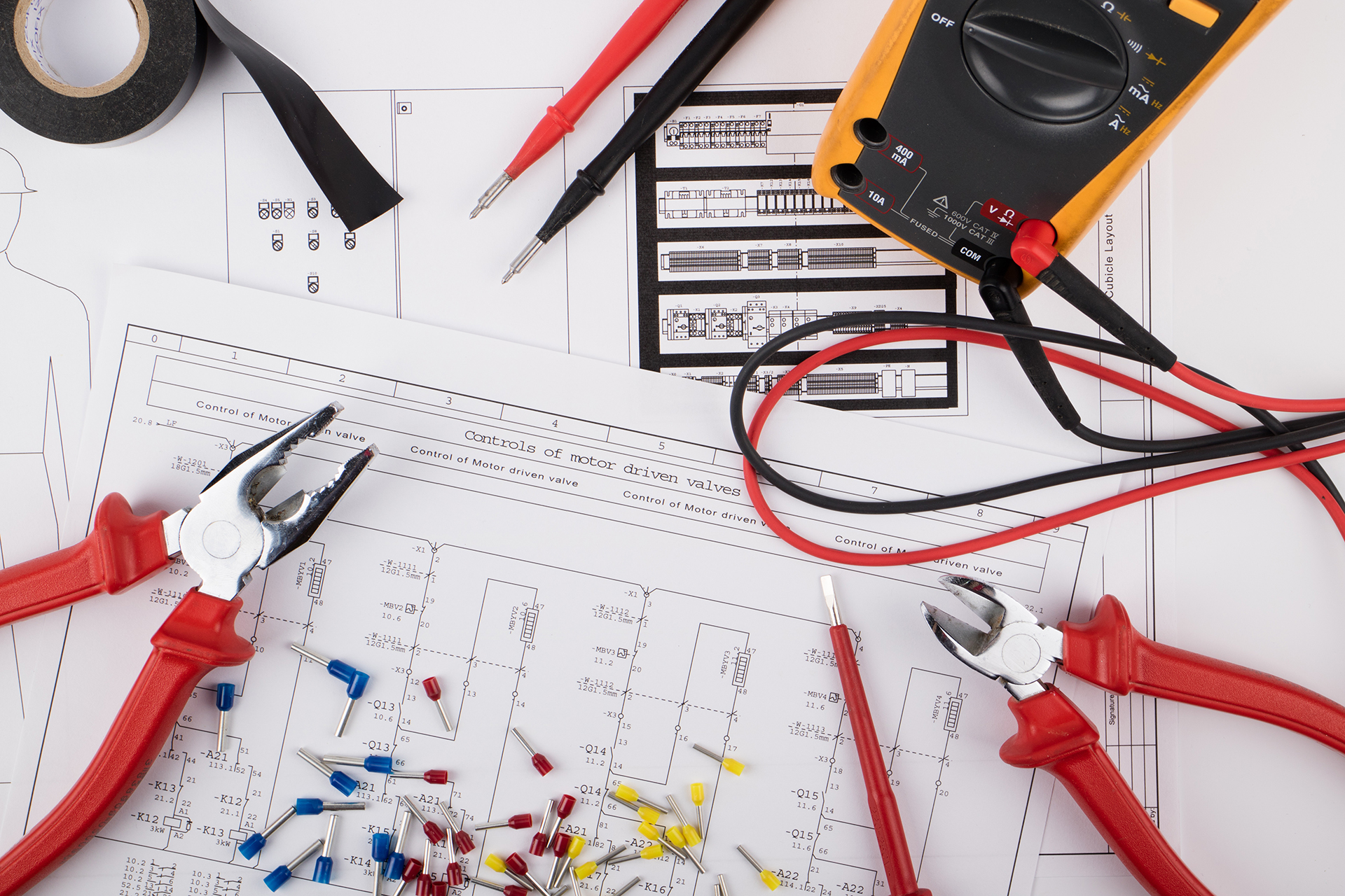 Mechanical Electrical - WR8Tech Schematics with electrical tools, fixings, terminals, electrical tape, all planning for work in Melbourne CBD for HVAC electrical repairs