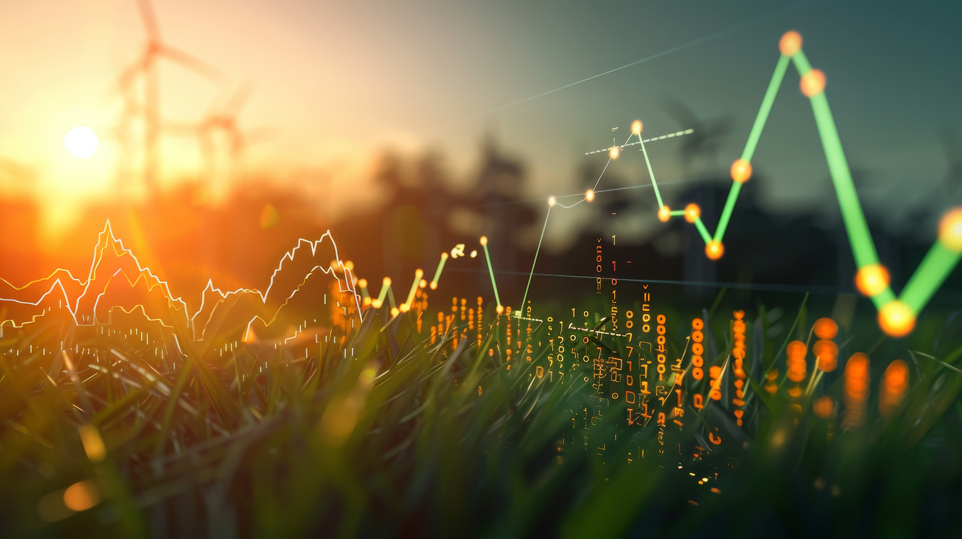 ESG graphics with a windfarm, beautiful green grass for the outdoor environment, and a graphic with trend log showing the conservation of energy is good for the environment, which ESG reporting measures and reports on