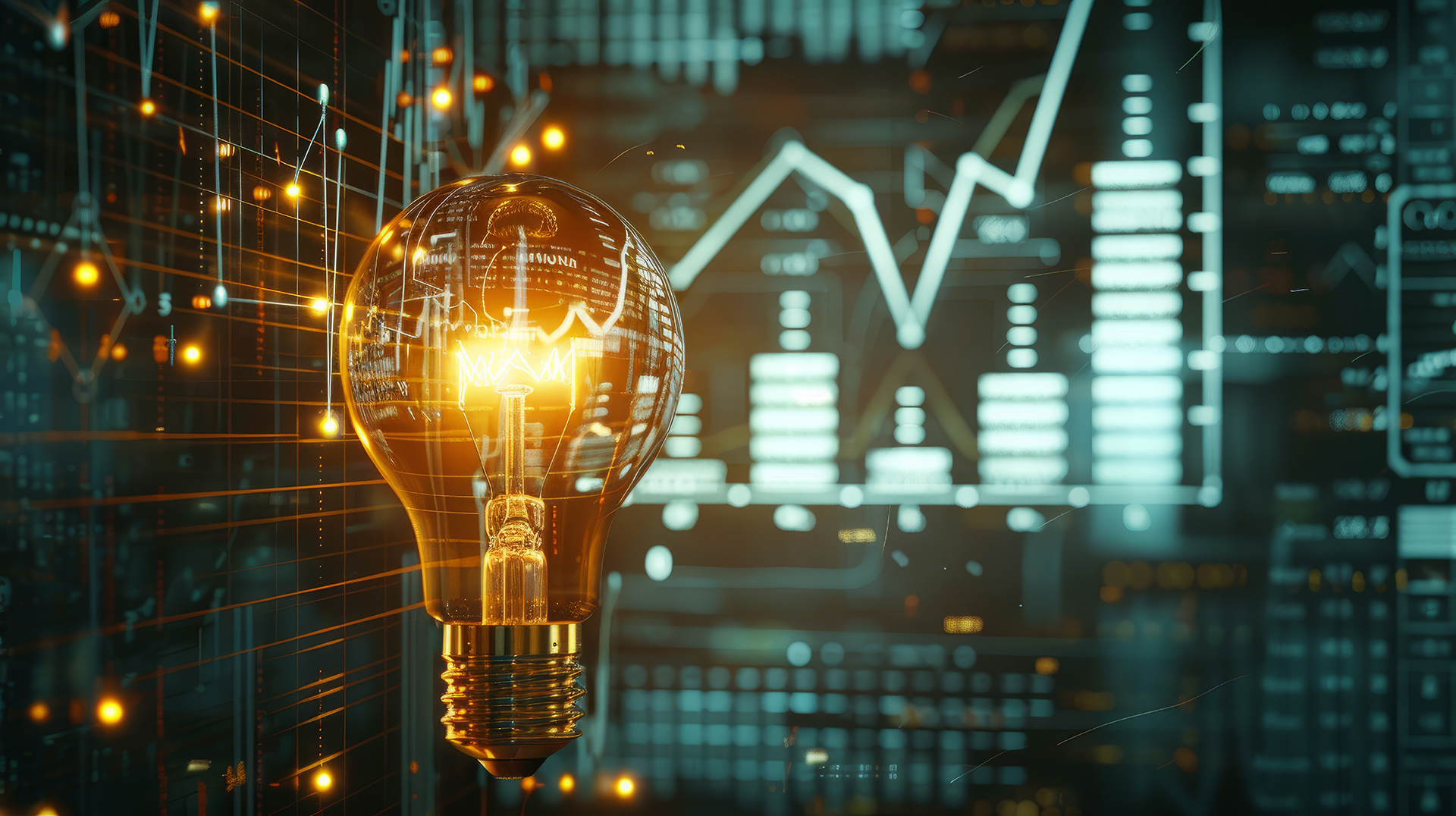 ESG reporting for environmnetal impact by commercia buildings, this image of a light globe refers to energy consumption and conservation of energy. The light globe is in front of a digital graph indicating measurement, a key part of ESG process and there are commercial buildings in the image also in Sydney and Melbourne, NSW