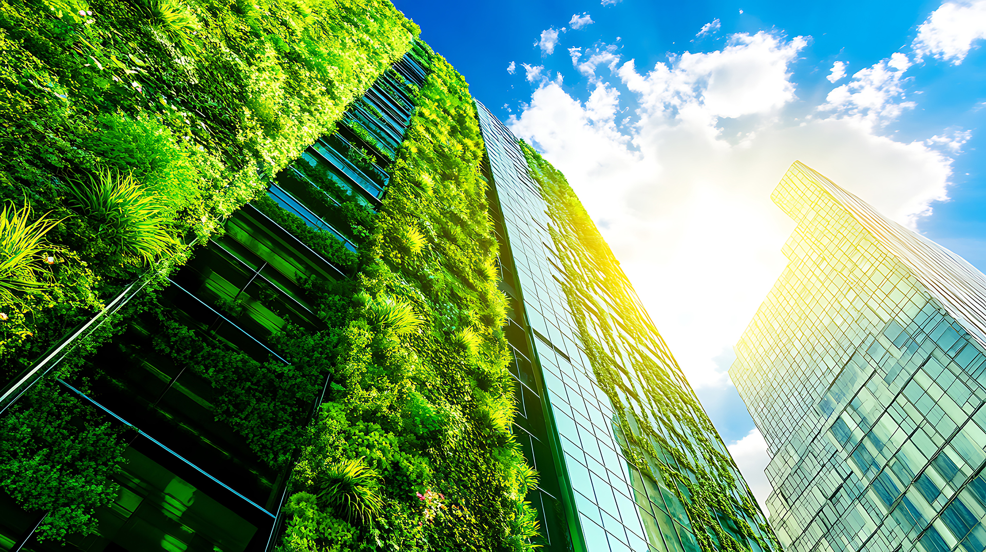 ESG reporting, image shows a commercial building with green plant living on the FACADE with a blue sky and the sun shining through, telling us of the benefits for ESG reporting and environmental impact. Sydney and Melbourne