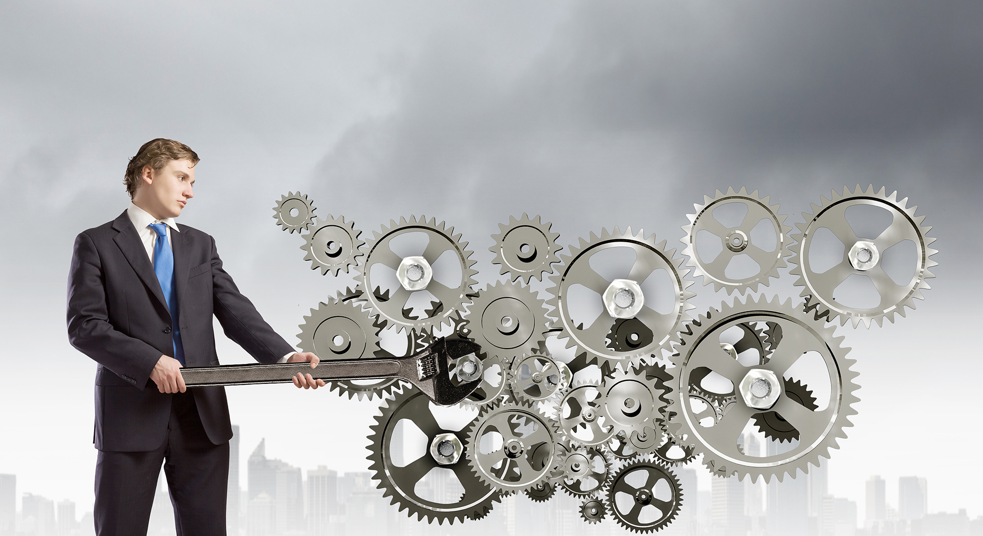 Facility Management  -   WR8TECH - Abstract image of a facility manager working with the cogs of facility management