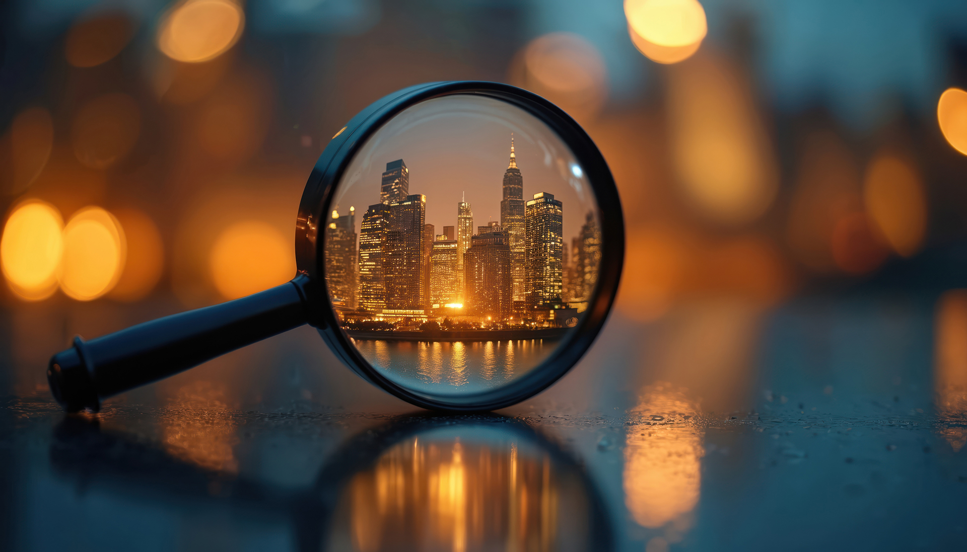 Property services audits - abstract photos of a magnifying glass over a city building's commercial property in Sydney and Melbourne. For technical due diligence, for asset registers, for property sales;