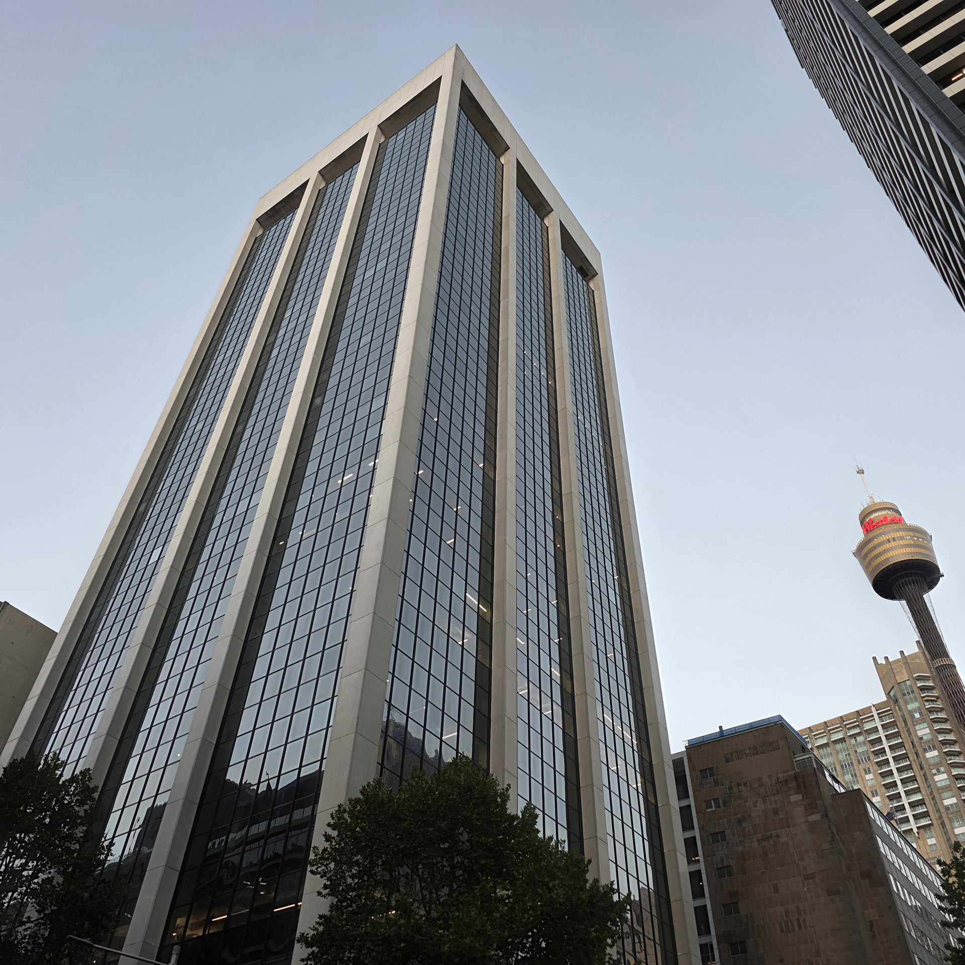Sydney CBD Building on Market Street, looking up from the street level on a clear day