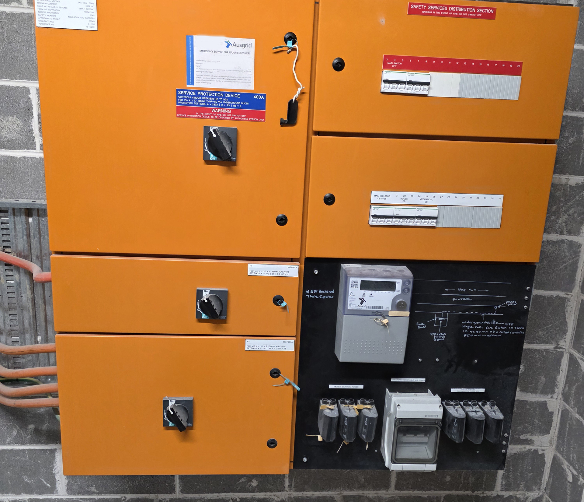 Main switchboard with energy meters serving an apartment building in Sydney East. includes for Essential services and non-essential services