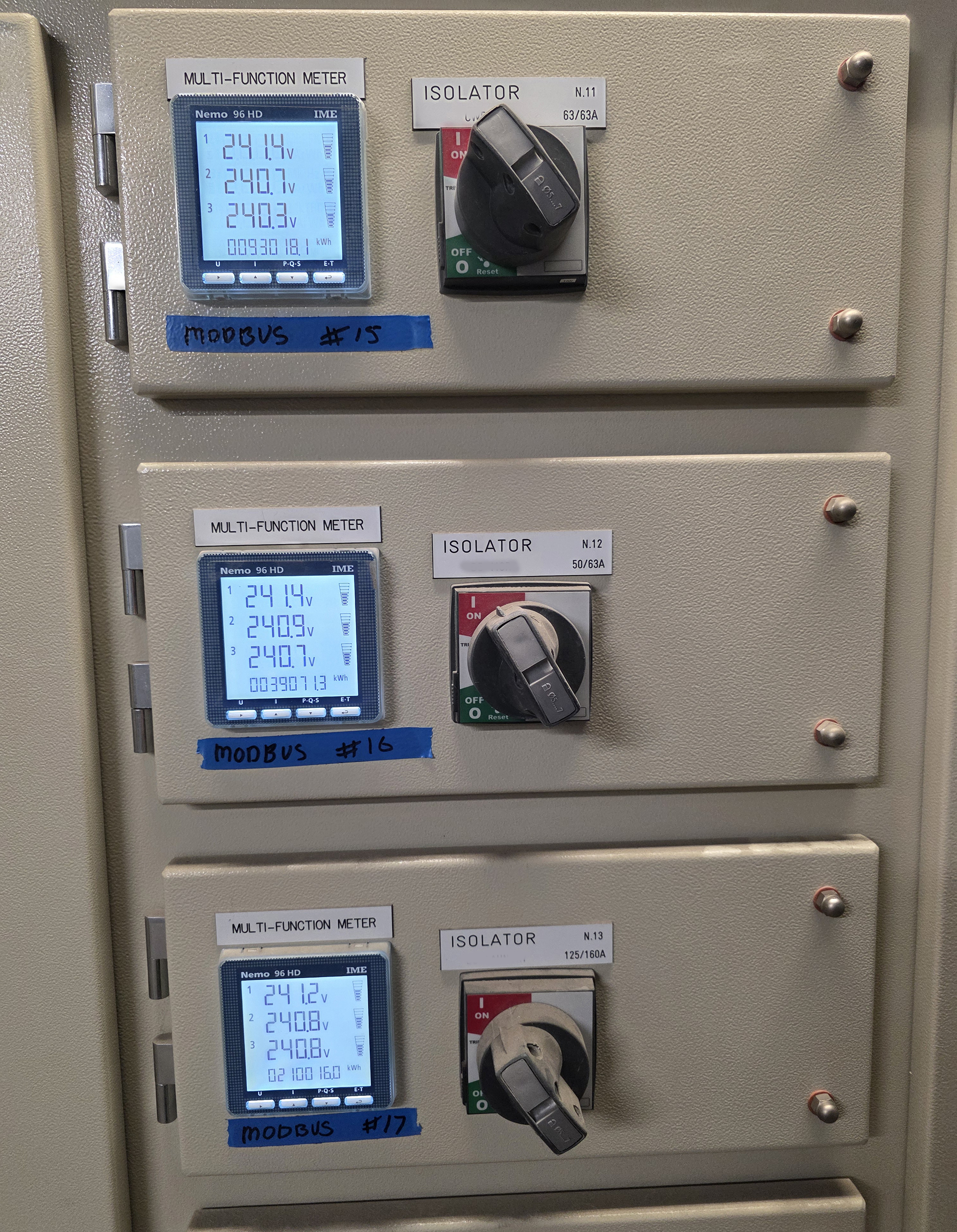 Energy Meters for Power built into main switchboard for the energy trend logging of various distribution switchboards around the site. Using MODBUS to log into the JACE. integrating these meters into a BMS hierarchy.