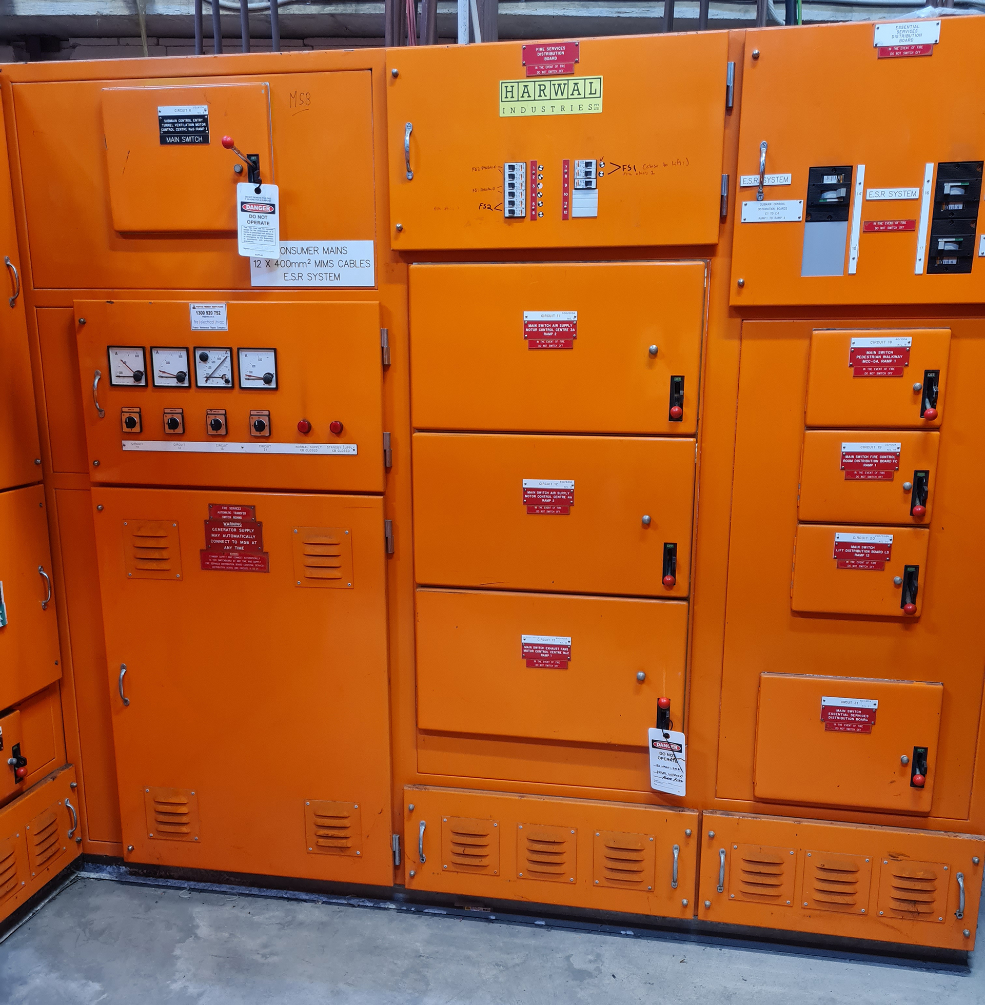 Generator Monitoring & Control for Unsupervised Buildings - Sydney Car Park generator, Auto transfer switch, and essential services Switchboard for generator supply to fire system, HVAC exhaust fans, supply fans and elevator