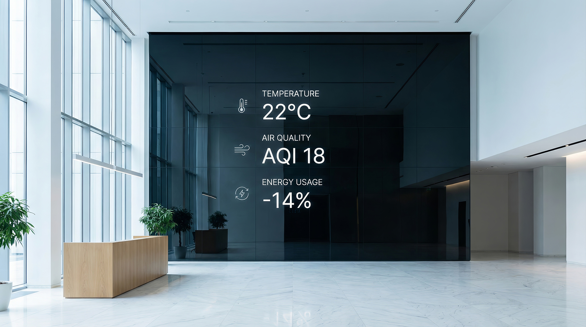 Digital smart building dashboard displaying real-time temperature, indoor air quality and energy consumption analytics within a commercial Building Management System (BMS). The display shows live HVAC performance data, environmental monitoring metrics and energy usage trends designed to optimise occupant comfort, operational efficiency and NABERS performance across commercial office buildings, shopping centres and education facilities in Sydney, Melbourne and Canberra.