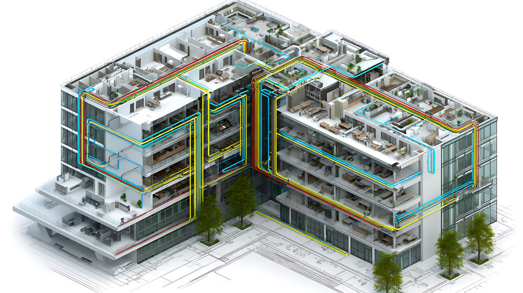 Unsupervised Buildings – Occupancy and Load Monitoring Strategy - A sophisticated architectural cutaway illustration of a modern commercial building, presented with transparent walls and floors that reveal the internal mechanical, electrical, and building services infrastructure. Red and blue pipework representing heating and cooling systems can be seen flowing throughout the structure, connecting air handling units, plant rooms, risers, tenancy spaces, and critical building assets across multiple levels. The image highlights an advanced occupancy and load monitoring strategy, where Building Management Systems (BMS), smart sensors, energy meters, people-counting technology, and building automation platforms continuously analyse how the building is being used. Digital overlays display real-time occupancy levels, HVAC loads, energy consumption, floor-by-floor utilisation, indoor environmental conditions, and equipment performance metrics. The transparent building design illustrates how occupancy data can be correlated with mechanical system demand, allowing chilled water, heating, ventilation, lighting, and other building services to automatically adjust in response to actual building usage. High-level interfaces (HLI), BACnet networks, IoT sensors, and cloud-based analytics platforms work together to optimise energy consumption, improve occupant comfort, and reduce unnecessary operating costs. Representative of smart commercial buildings throughout Sydney, Melbourne, Canberra, Brisbane, Adelaide, and Perth, the image demonstrates how intelligent building technology can support the successful operation of unsupervised buildings. By understanding occupancy patterns and equipment loads in real time, facility managers and building owners gain valuable operational insights that improve sustainability, asset performance, energy efficiency, and overall building resilience.