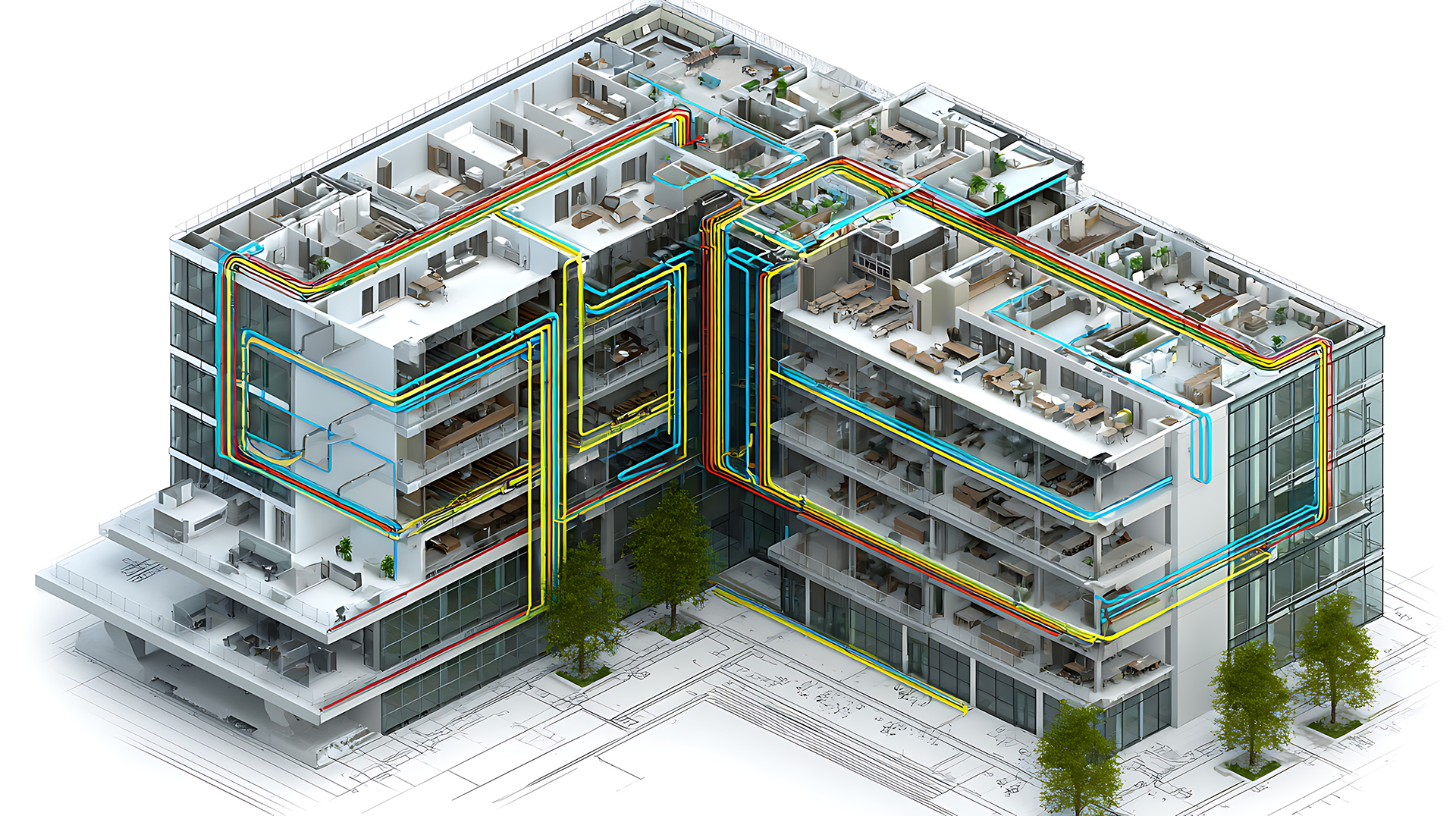 Unsupervised Buildings – Occupancy and Load Monitoring Strategy - 

A sophisticated architectural cutaway illustration of a modern commercial building, presented with transparent walls and floors that reveal the internal mechanical, electrical, and building services infrastructure. Red and blue pipework representing heating and cooling systems can be seen flowing throughout the structure, connecting air handling units, plant rooms, risers, tenancy spaces, and critical building assets across multiple levels.

The image highlights an advanced occupancy and load monitoring strategy, where Building Management Systems (BMS), smart sensors, energy meters, people-counting technology, and building automation platforms continuously analyse how the building is being used. Digital overlays display real-time occupancy levels, HVAC loads, energy consumption, floor-by-floor utilisation, indoor environmental conditions, and equipment performance metrics.

The transparent building design illustrates how occupancy data can be correlated with mechanical system demand, allowing chilled water, heating, ventilation, lighting, and other building services to automatically adjust in response to actual building usage. High-level interfaces (HLI), BACnet networks, IoT sensors, and cloud-based analytics platforms work together to optimise energy consumption, improve occupant comfort, and reduce unnecessary operating costs.

Representative of smart commercial buildings throughout Sydney, Melbourne, Canberra, Brisbane, Adelaide, and Perth, the image demonstrates how intelligent building technology can support the successful operation of unsupervised buildings. By understanding occupancy patterns and equipment loads in real time, facility managers and building owners gain valuable operational insights that improve sustainability, asset performance, energy efficiency, and overall building resilience.