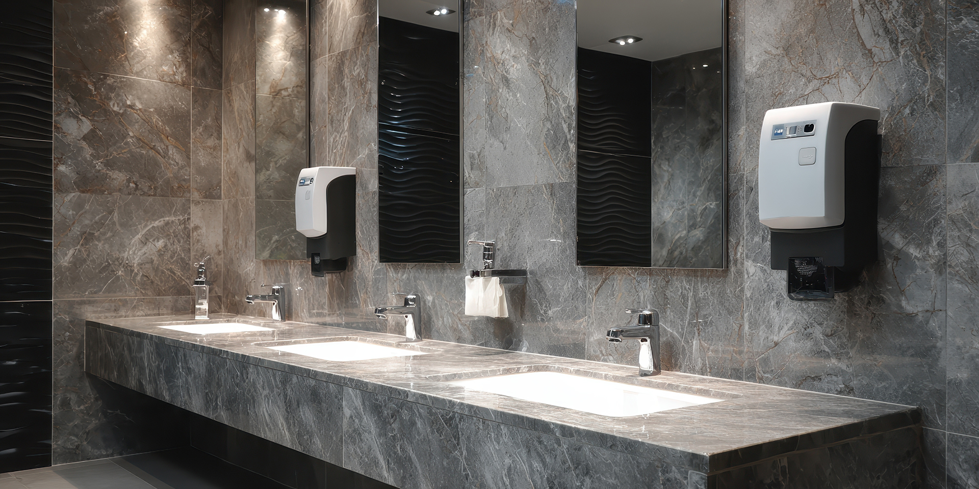 Unsupervised Buildings – Smart Bathroom Maintenance - 

A premium commercial bathroom featuring elegant finishes, modern handwash basins, polished stone benchtops, large mirrors, designer lighting, and high-end fixtures. The space is immaculately presented, reflecting the standards expected within a premium office tower, shopping centre, hotel, or public facility.

Subtle building technology elements are integrated throughout the image, representing an intelligent bathroom maintenance strategy within an unsupervised building environment. Near the exit and handwashing area, customer satisfaction buttons allow visitors to provide instant feedback by selecting "Satisfied", "Needs Attention", or "Not Satisfied". Occupancy sensors and people-counting technology discreetly monitor bathroom usage, while digital overlays display real-time cleaning metrics, occupancy trends, service requests, and maintenance alerts.

The image demonstrates how Building Management Systems (BMS), smart sensors, and remote monitoring platforms can improve cleaning response times and maintain high presentation standards without requiring constant on-site supervision. Data collected from patron feedback and occupancy levels is automatically analysed, triggering maintenance alerts when cleaning attention is required.

Representative of modern commercial buildings across Sydney, Melbourne, Canberra, Brisbane, Adelaide, and Perth, the image highlights the role of automation, analytics, and smart building technology in delivering cleaner amenities, improved occupant satisfaction, reduced operational costs, and more efficient facility management.