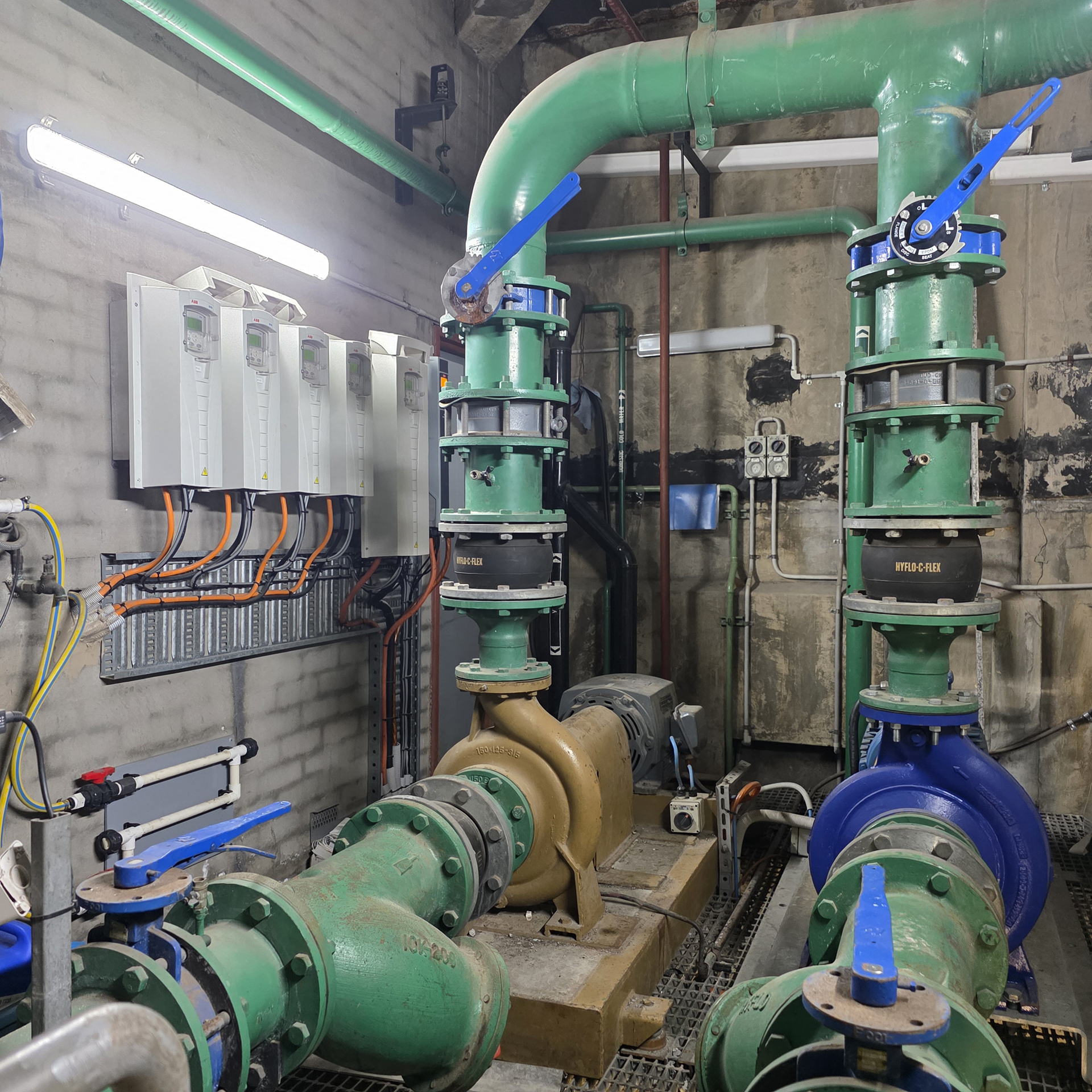 Two Condenser water pumps serving a heritage-listed property in Sydney CBD providing cooling for two chillers in this 16-level commercial office space building