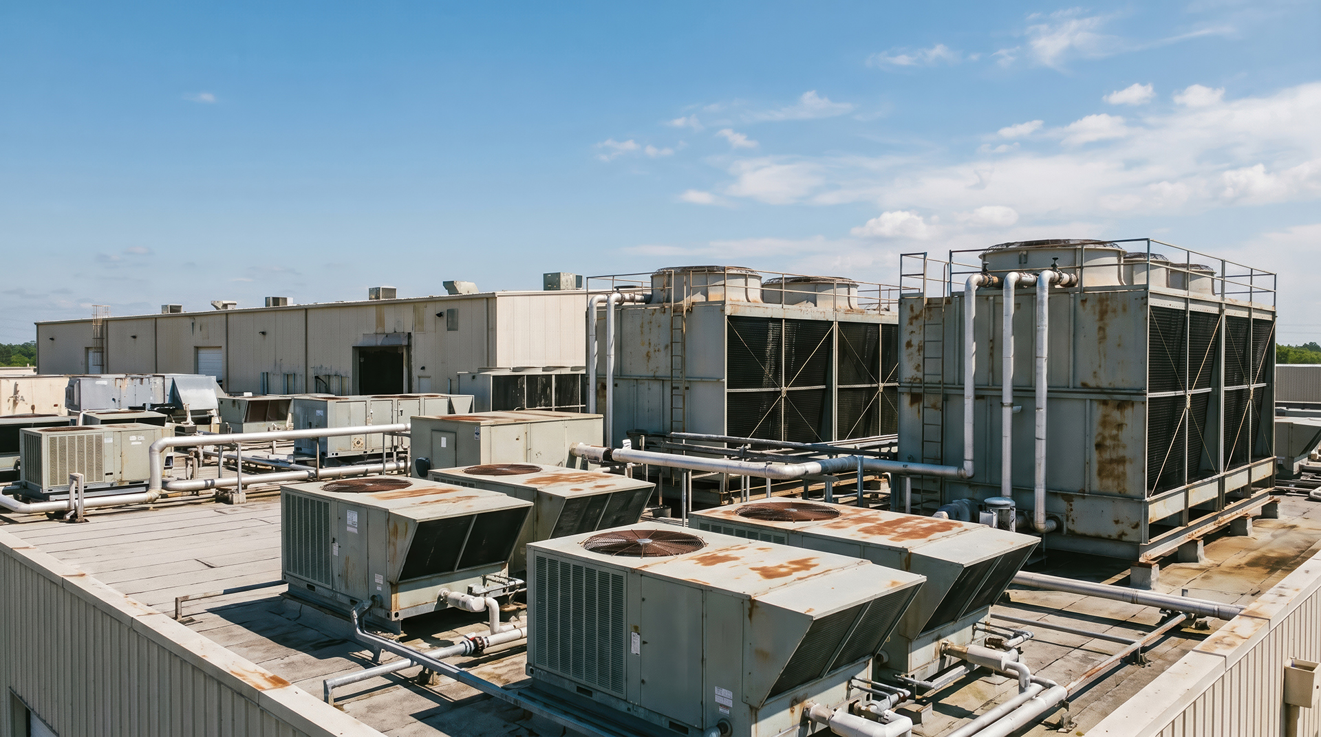 Commercial HVAC power infrastructure servicing a large rooftop mechanical plant installation in Sydney, featuring cooling towers, Air Handling Units (AHUs), exhaust fans, and integrated mechanical services equipment operating within a modern commercial building environment. The image highlights the electrical and automation infrastructure required to support complex HVAC systems including power distribution, motor control, Variable Speed Drives (VSDs), Building Management Systems (BMS), and energy optimisation strategies. WR8TECH specialises in integrated HVAC electrical systems, plant automation, and smart building infrastructure across Sydney, Melbourne, and Canberra.