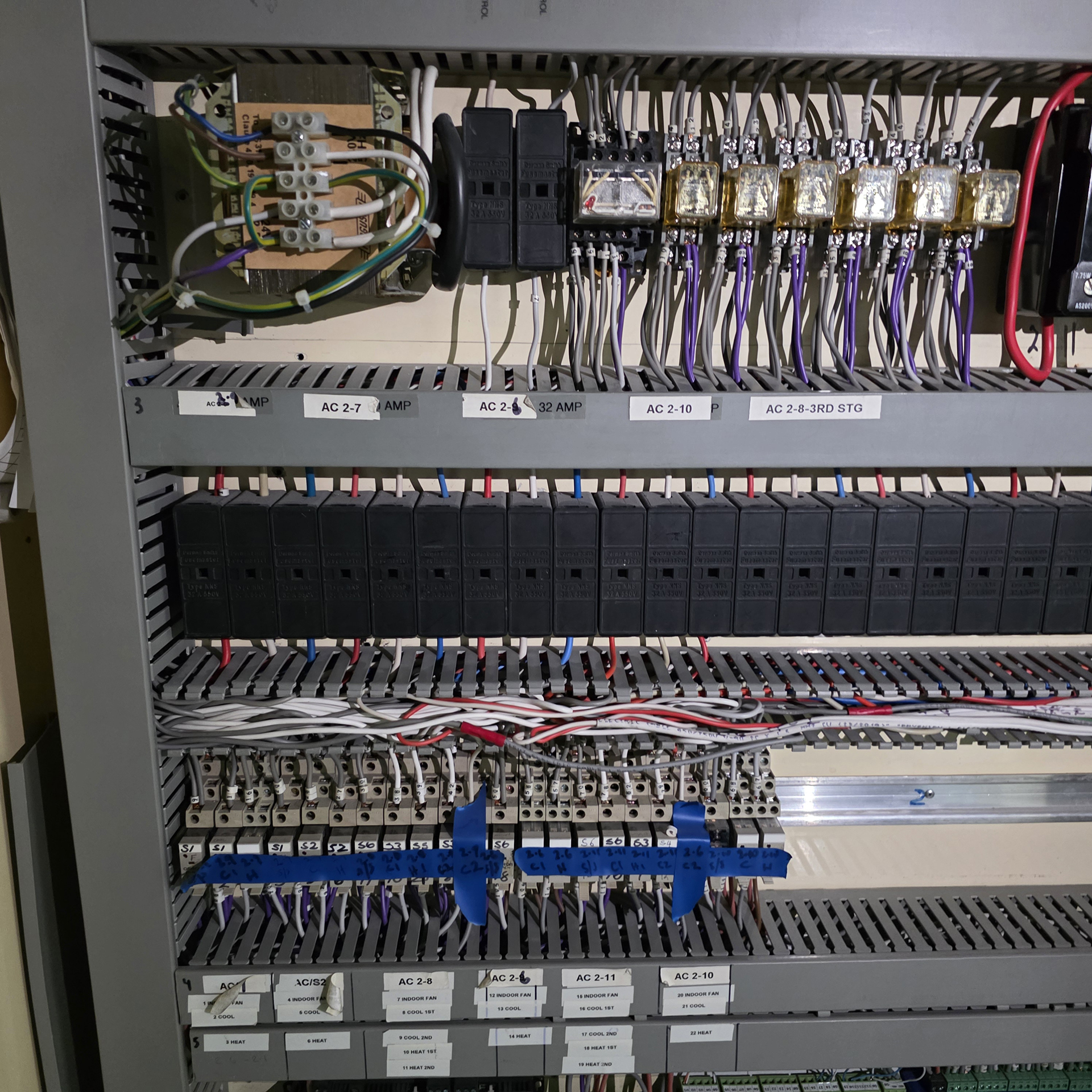 Electrical Fault Finding - Electrical Audit - Mechanical services Switchboard checks and testing, we can see the stickers to check against the electrical schematics for the mechanical HVAC system