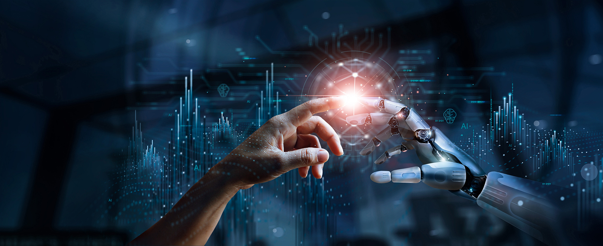 Abstract technology image showing a robotic hand reaching out to touch a human index finger, symbolising the connection between people and artificial intelligence. The background features dark blue digital networks, glowing lights, stars, and advanced technology concepts relevant to commercial buildings, automation, and smart infrastructure across Sydney, Melbourne, and Canberra.
