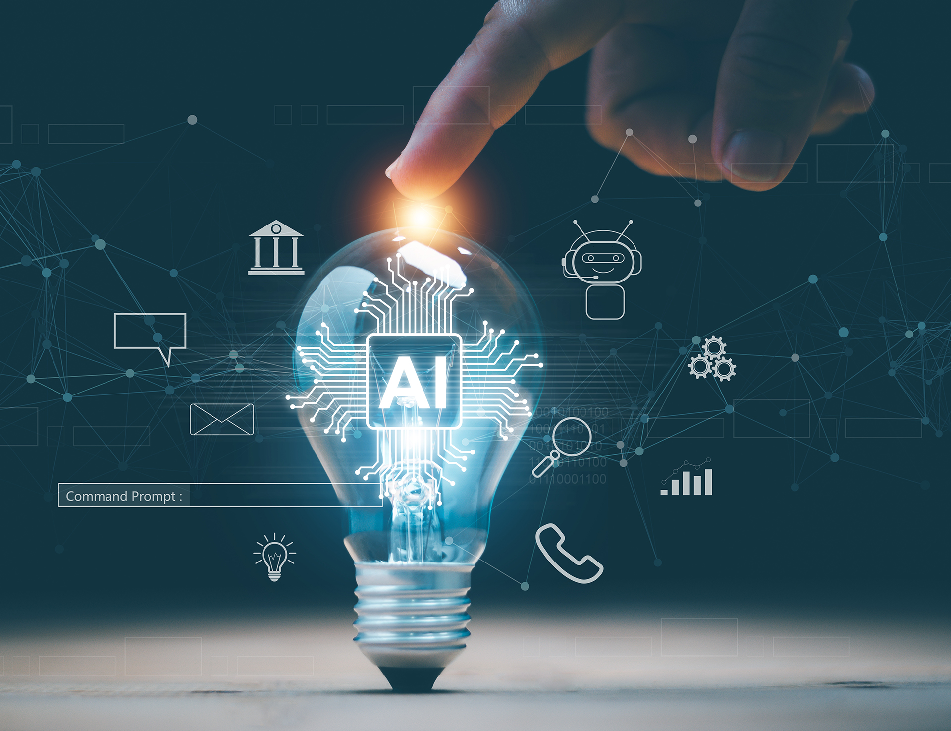 Human hand touching an illuminated light bulb containing an AI microchip and integrated circuits, symbolising artificial intelligence, innovation, building automation, energy management and smart commercial building technology.