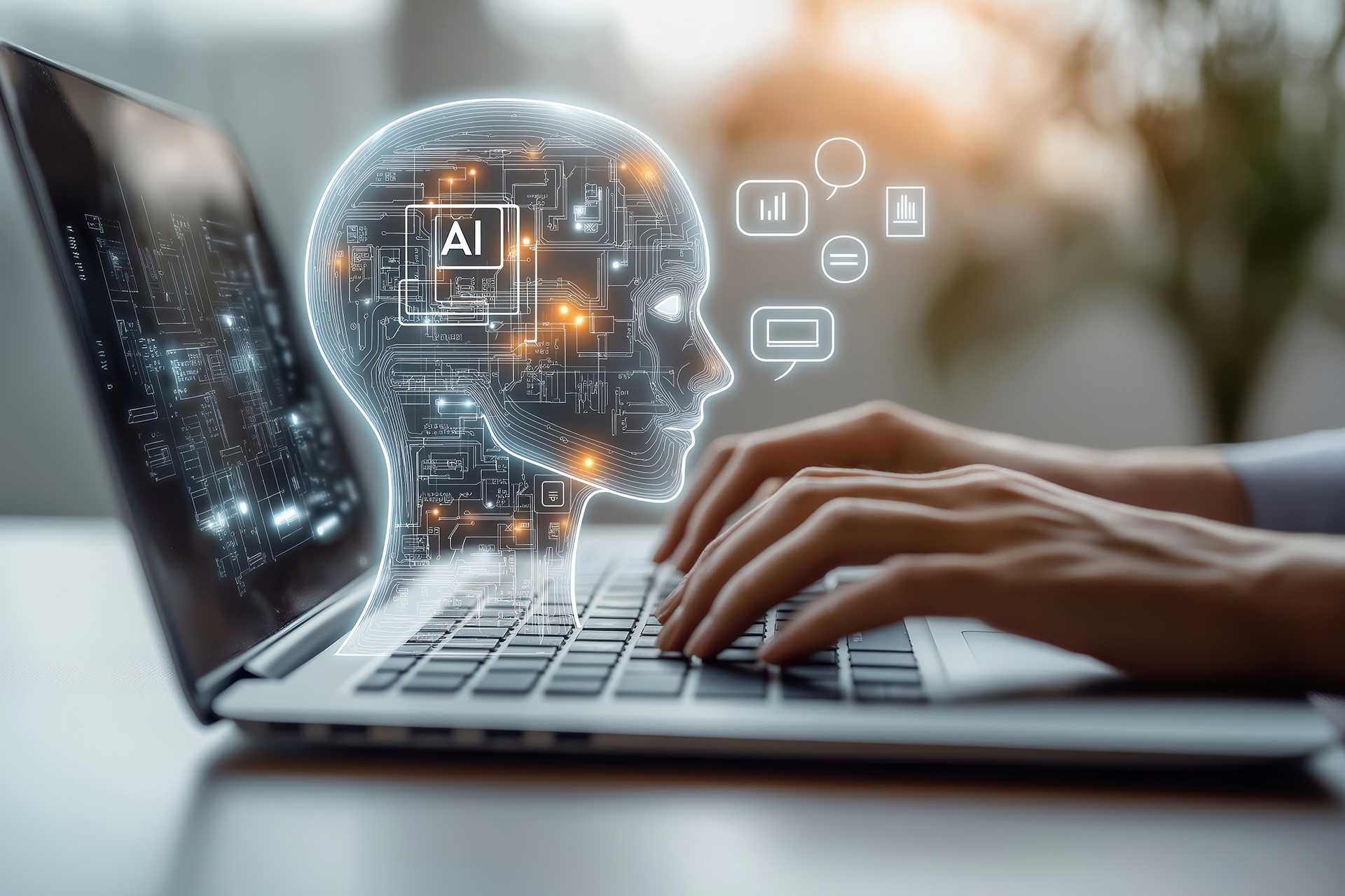 Human hands typing on a laptop keyboard while a transparent artificial intelligence head made of digital circuits and technology hovers above, representing AI-powered building automation, data analytics and smart building management.
