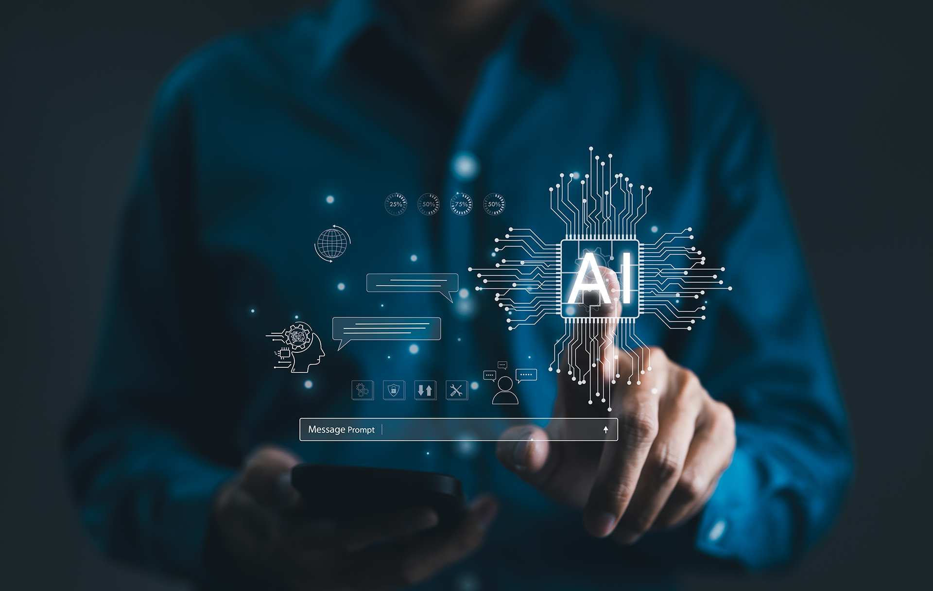 Business executive pressing an AI button on a transparent digital screen surrounded by microchips, circuit lines and advanced technology graphics, representing artificial intelligence, automation and smart building innovation.