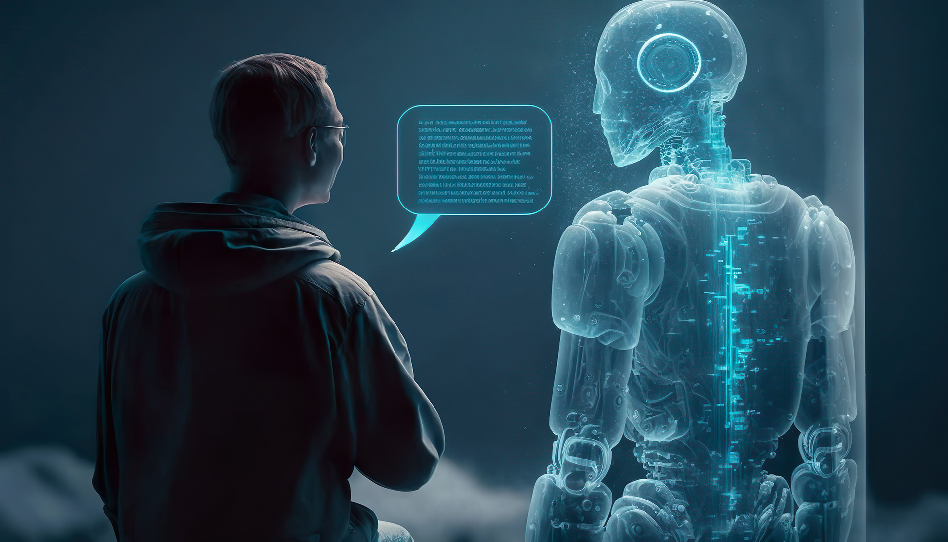 Human figure standing beside a transparent AI technology figure with a shared thought bubble and glowing digital lights on a dark blue background, representing collaboration between people and artificial intelligence in commercial buildings and automation systems.