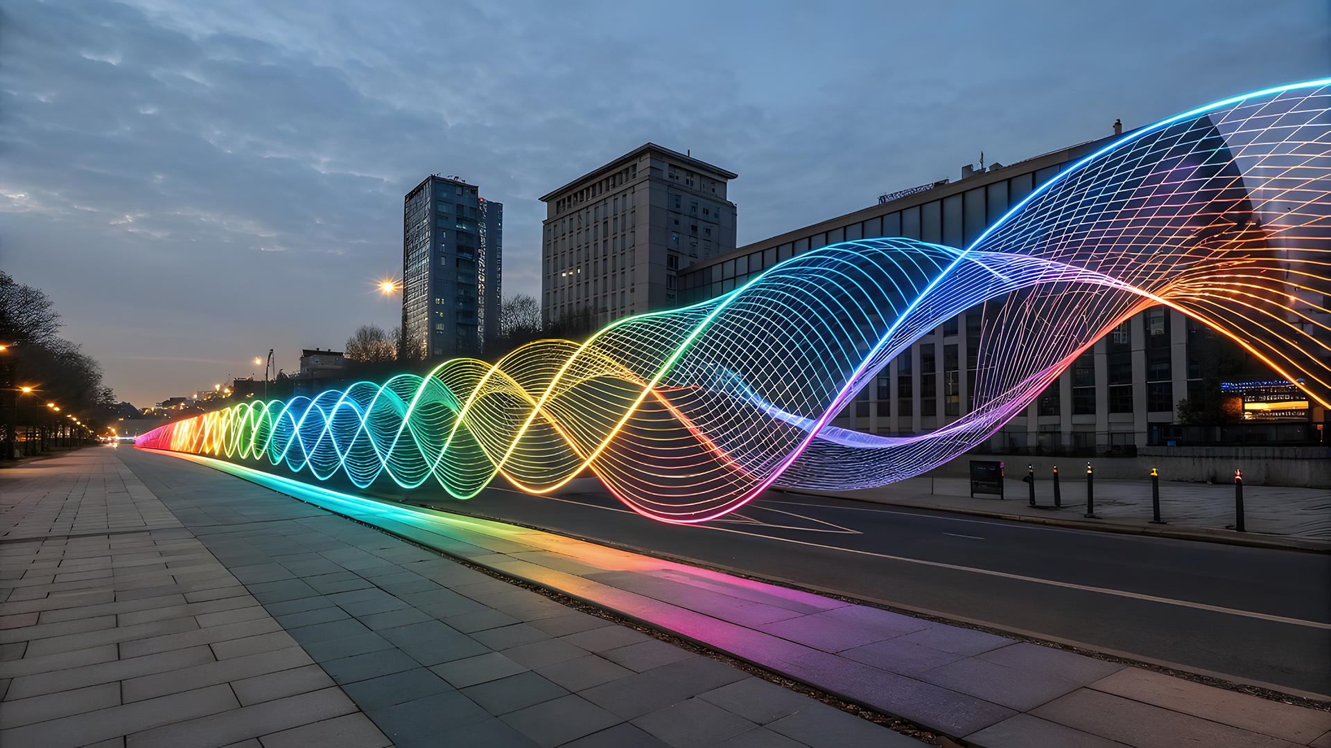 Melbourne skyline beside the Yarra River at night with a vibrant rainbow-coloured light helix extending into the distance toward a vanishing point, symbolising building automation, smart technology, connectivity, and the future of commercial buildings.