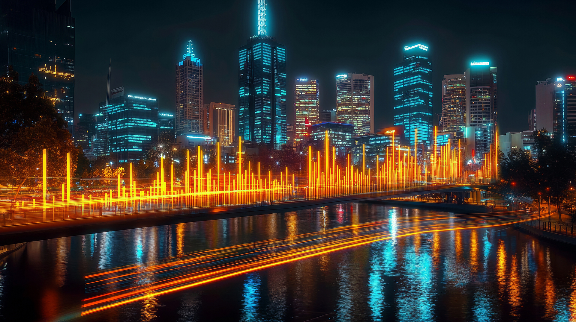 Melbourne skyline along the Yarra River at night with glowing yellow and orange vertical light formations resembling a data graph, accompanied by illuminated boat light trails, symbolising building performance monitoring, energy analytics, and smart building technology.