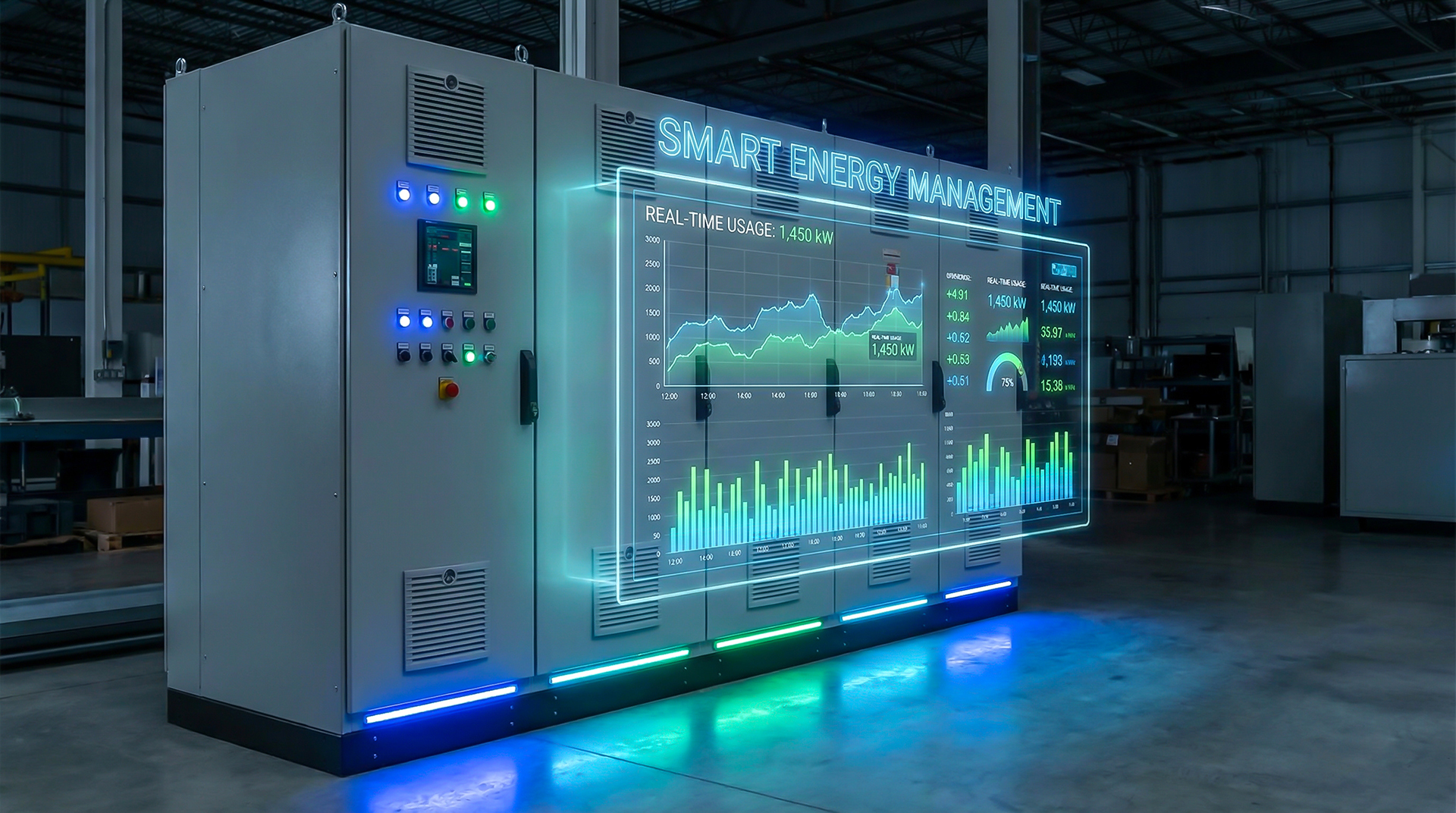 Main electrical switchboard in a commercial building with a transparent digital energy dashboard overlay displaying real-time power consumption, demand, energy trends, and electrical system performance data.