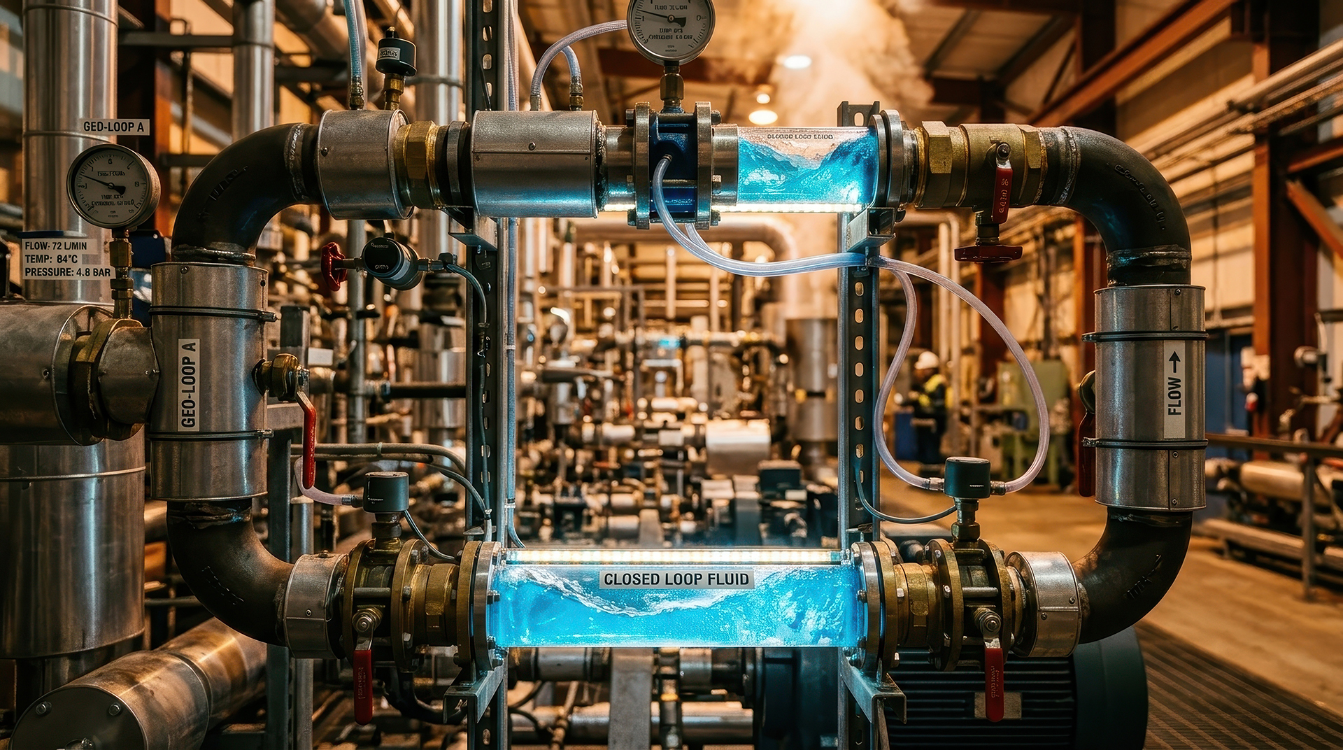 Transparent chilled water pipework within a commercial building plant room showing water flow and inline thermal energy meters connected to the building management system for energy monitoring and optimisation.