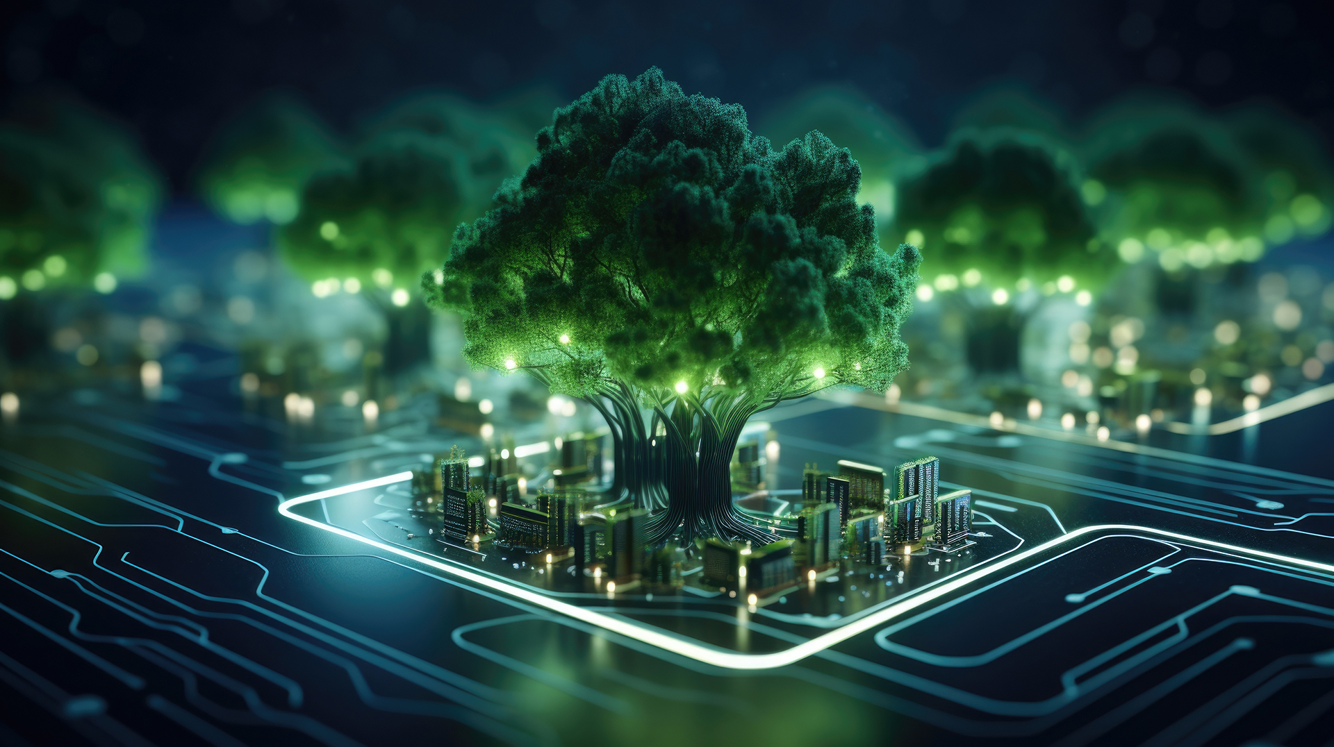 Sustainability through building automation with a digital tree connected to a smart city and intelligent energy management network.