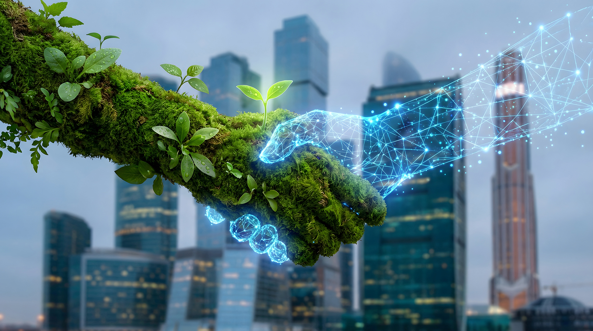 Digital technology hand touching a green living hand, symbolising sustainability through building automation and intelligent building management systems.