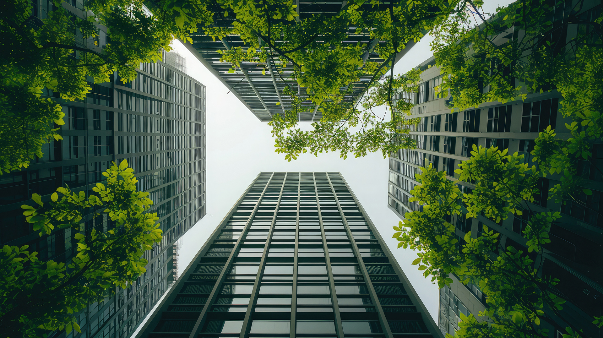Modern commercial buildings surrounded by green vegetation representing sustainability through building automation and intelligent building management systems.