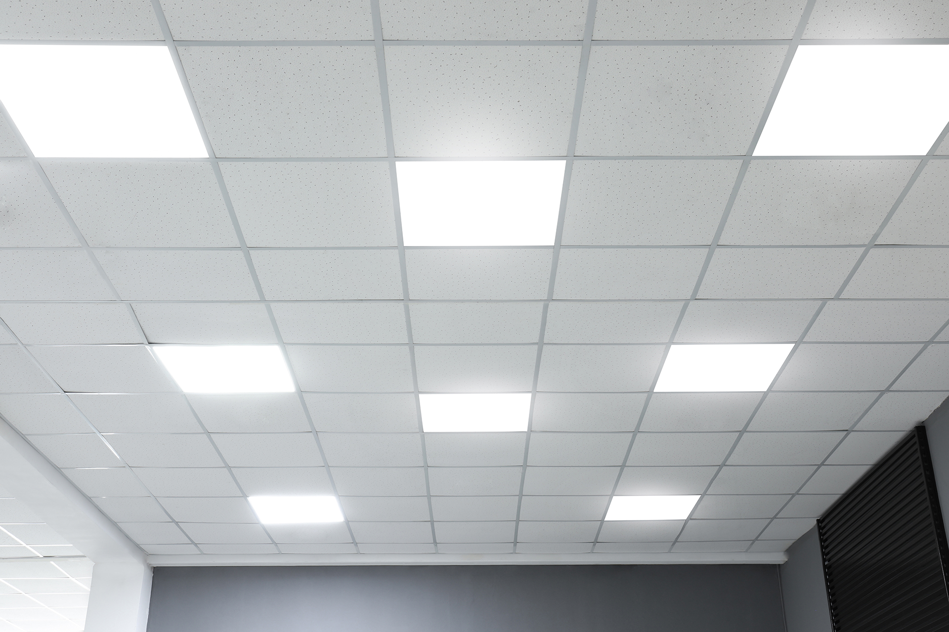 Commercial office ceiling with recessed LED panel lighting designed for intelligent lighting control, zoning and energy-efficient operation.
