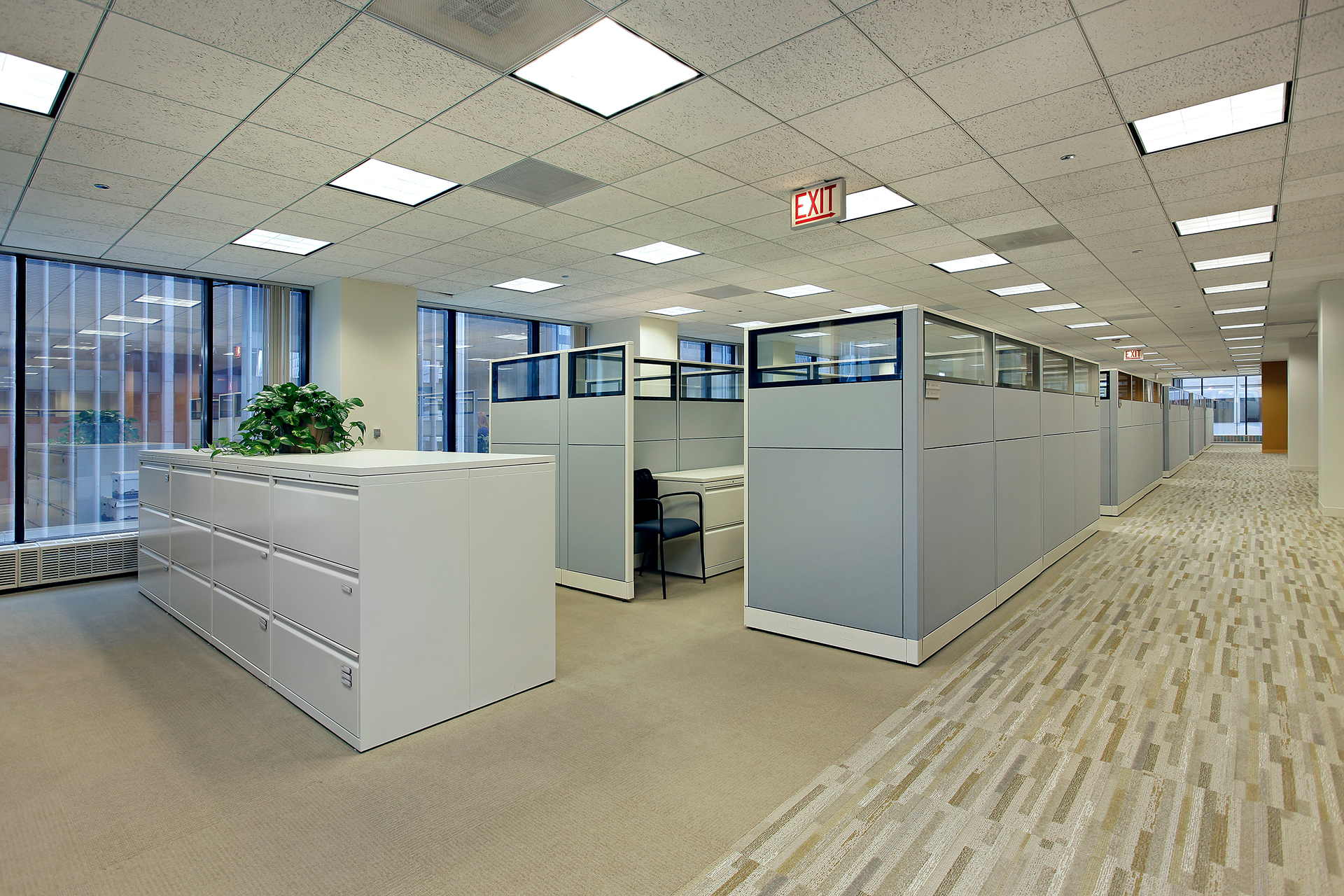 Modern commercial office with LED panel lighting, workstation lighting zones and perimeter daylight supporting intelligent lighting control and energy efficiency.