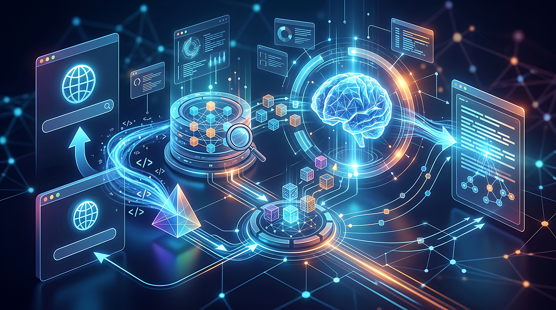 Digital illustration showing Building Management System data flowing through secure analytics platforms into artificial intelligence for commercial building optimisation and operational insights.