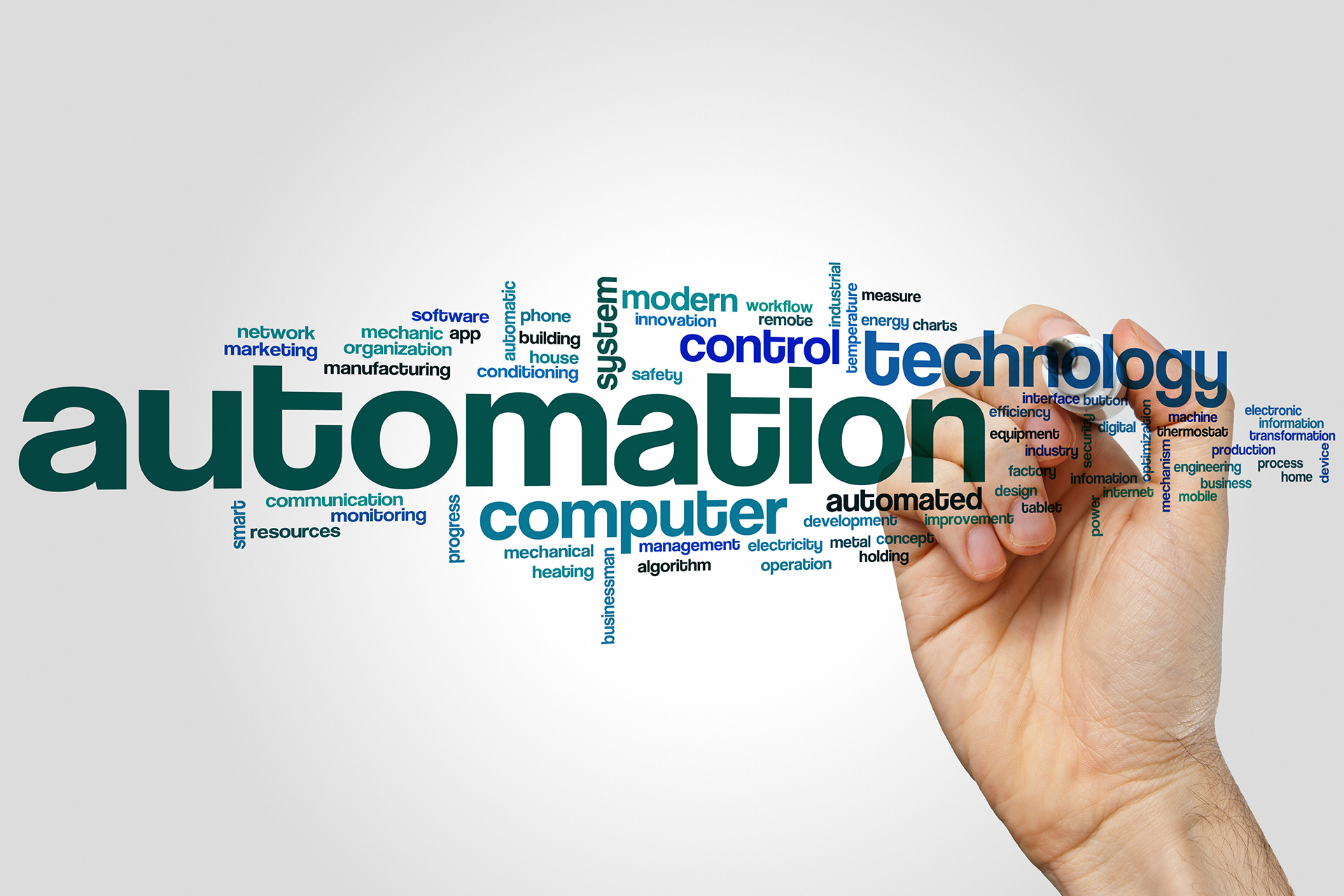 Illustration of building automation technology showing keywords related to Building Management Systems, automation, HVAC control, energy management and smart building technology.