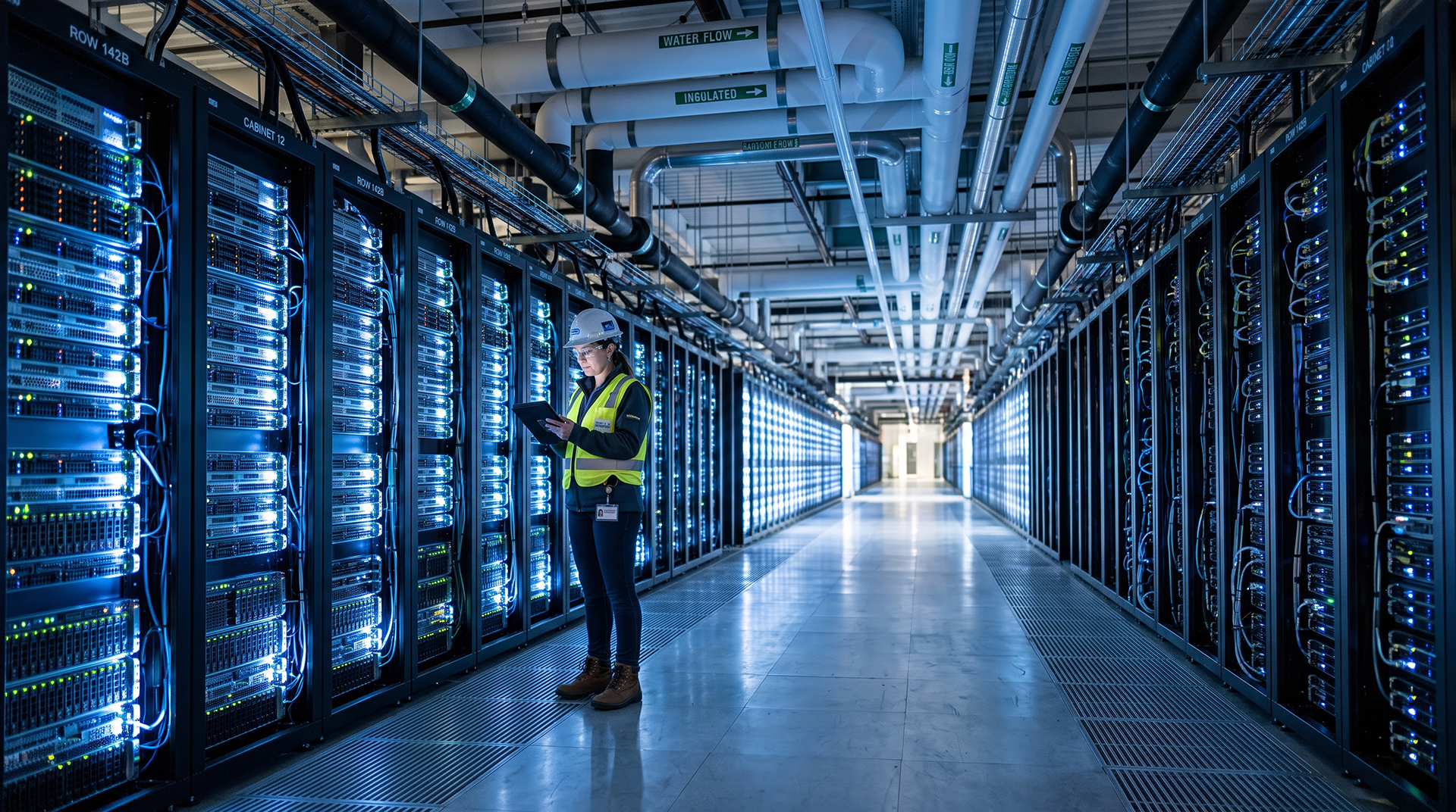 Engineer inspecting enterprise data centre server racks connected to corporate IT infrastructure, illustrating the relationship between Building Management Systems (BMS), Operational Technology (OT) and corporate networks.