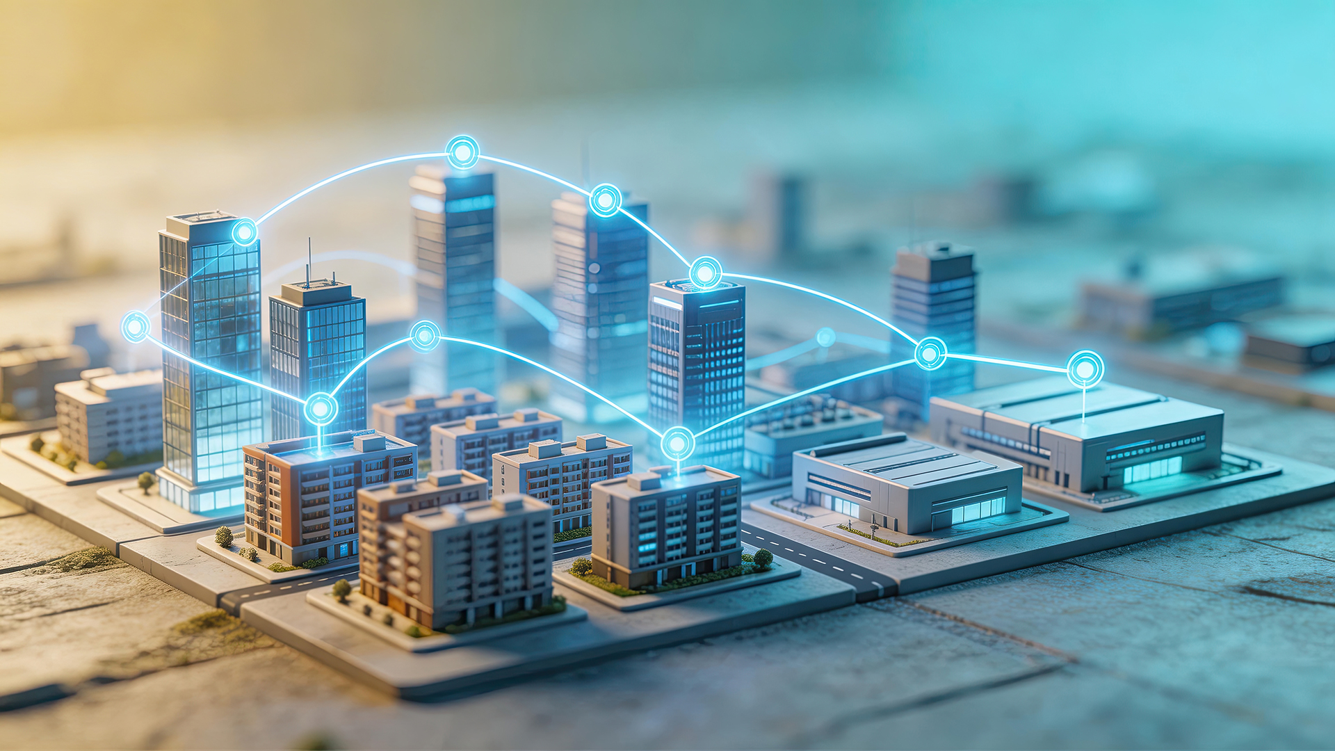 Digital illustration showing multiple commercial buildings connected through a secure Building Management System network for remote monitoring and operational management.