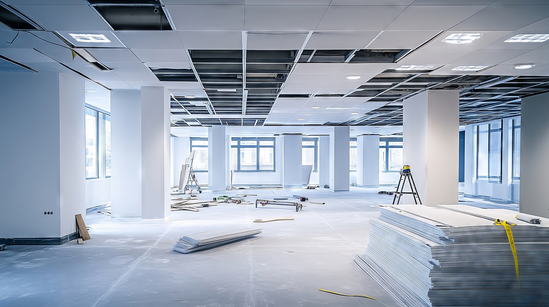 Commercial office refurbishment with suspended ceiling removed for HVAC, electrical and Building Management System installation and commissioning.