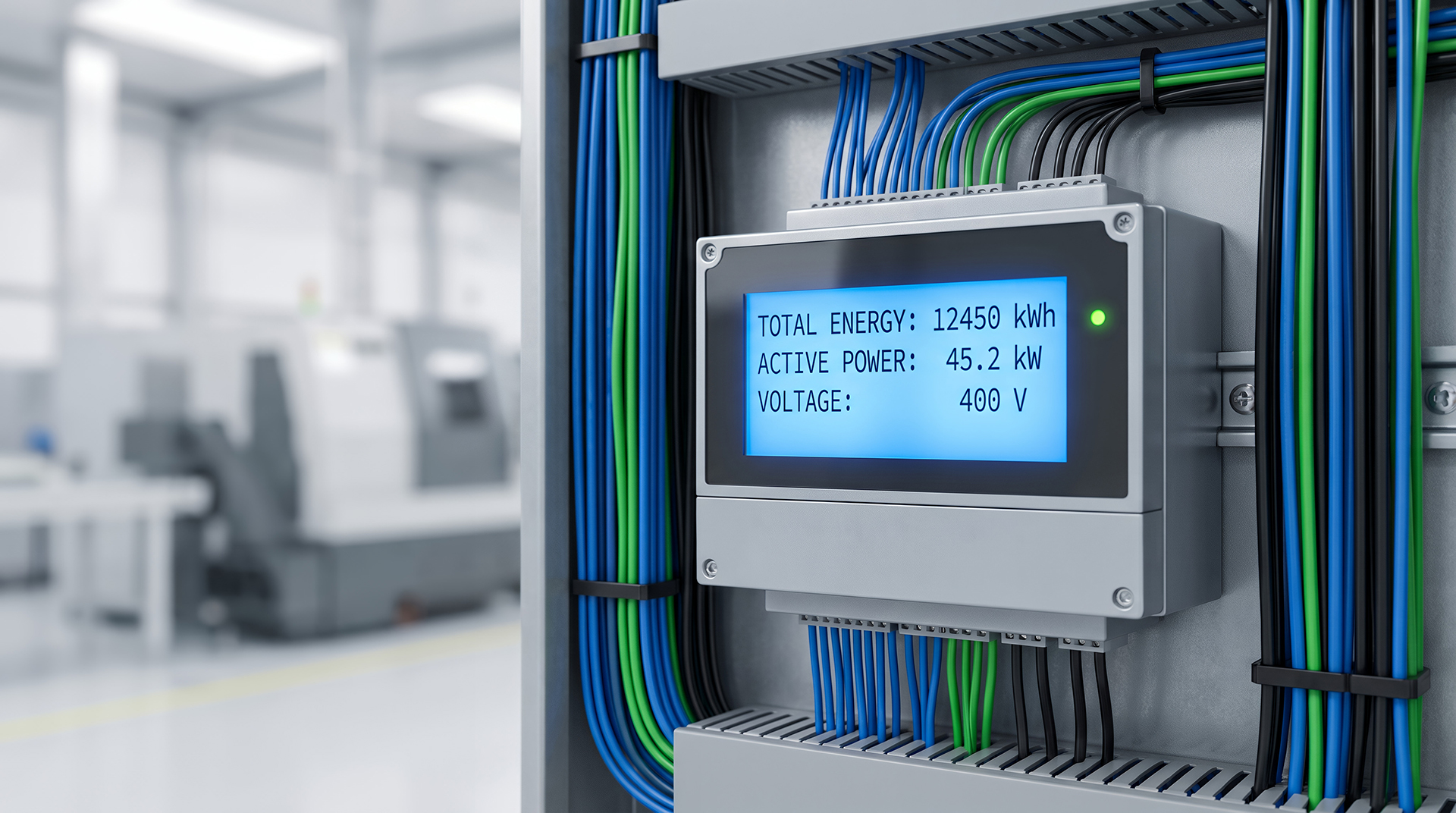 Commercial electrical energy meter installed within an electrical switchboard displaying energy consumption, power demand and voltage for integration into an Electrical Management System.