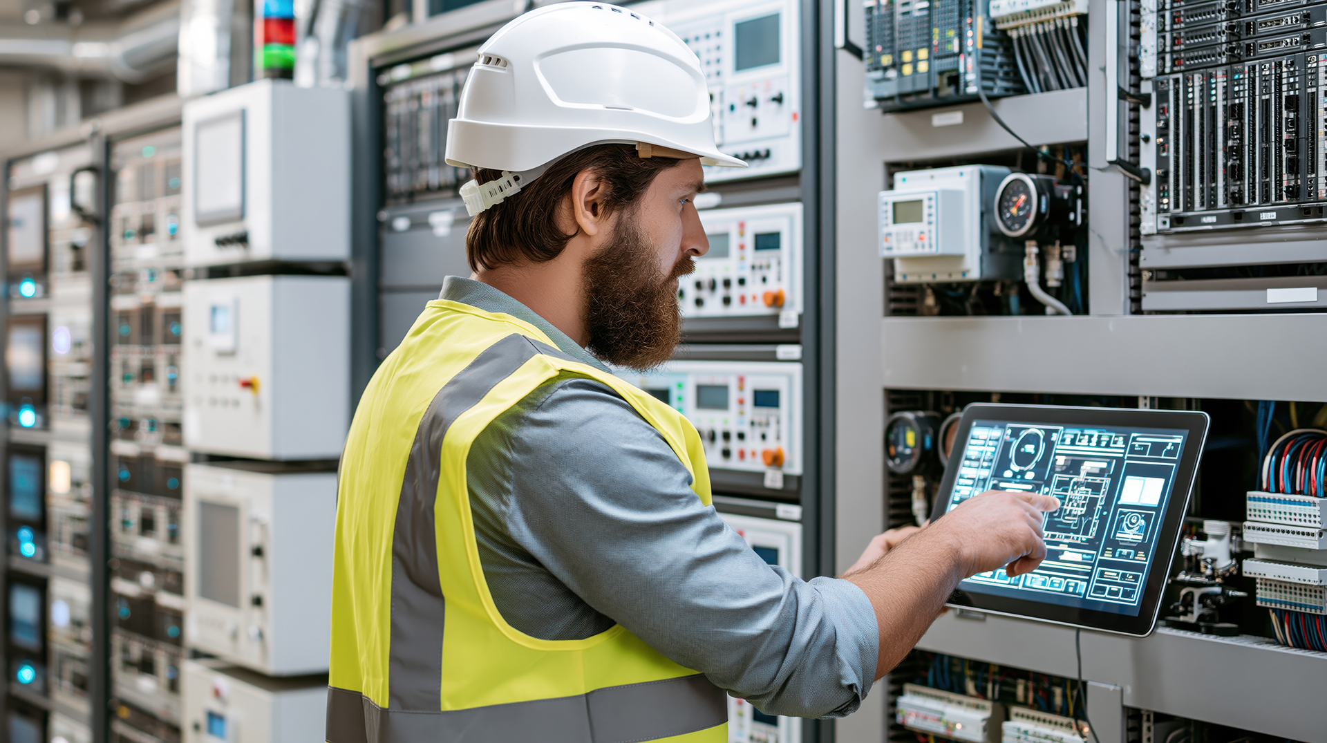 Electrical technician commissioning and monitoring an Electrical Management System within a commercial building electrical control room using a touchscreen interface.