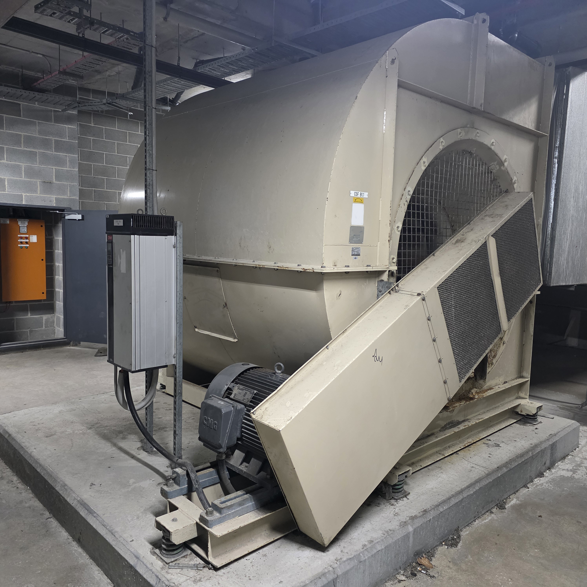 HVAC Services Mechanical Exhaust Fan serving a car park in Chatswood in Sydney. Uses a VSD integrated with the BMS on BACnet.