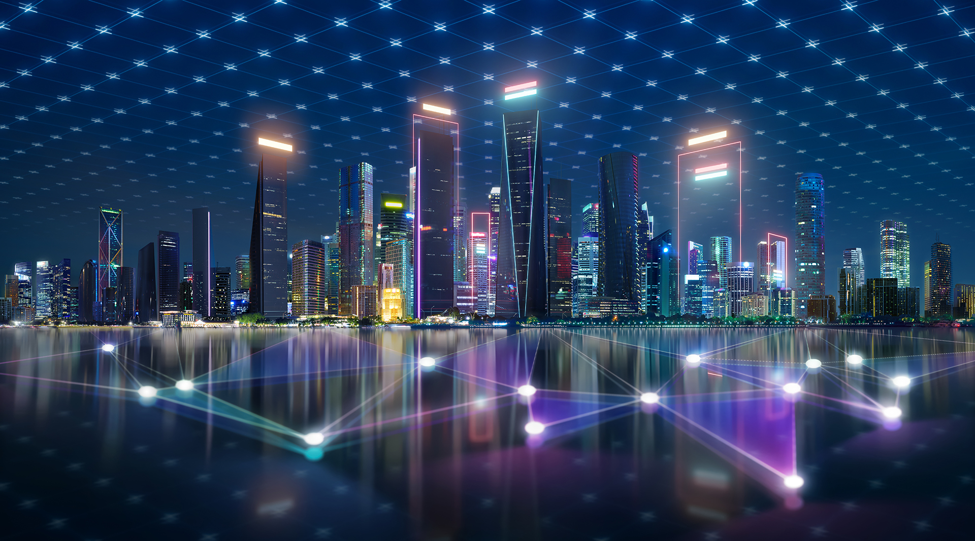 Digital smart city illustrating an open Building Management System network connecting commercial buildings, HVAC systems, energy management and intelligent building automation.