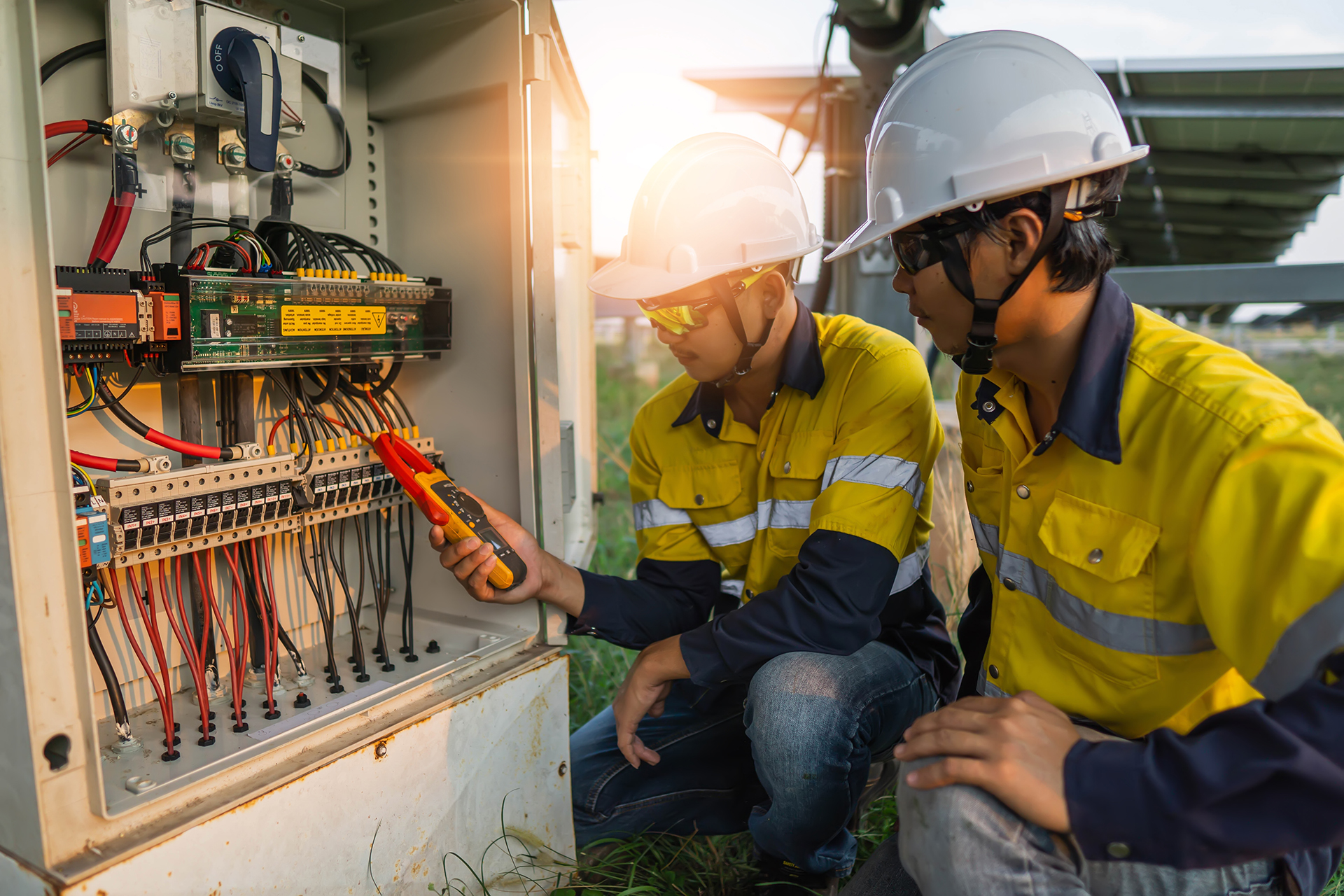 WR8Tech Technicians carrying out preventative maintenance and electrical testing inside a commercial switchboard to improve reliability, safety and energy efficiency.