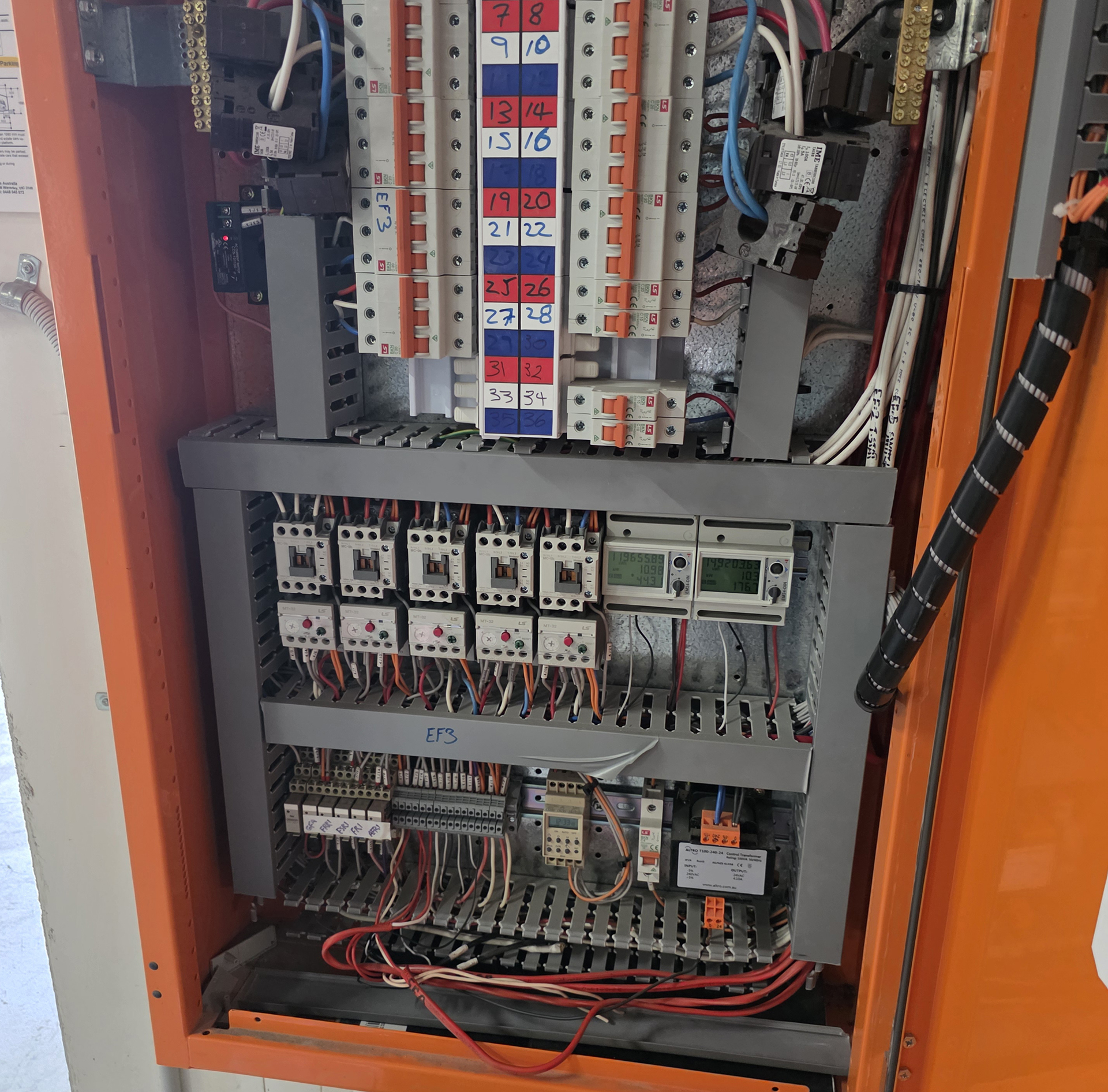 Mechanical services essential switchboard supplying multiple commercial HVAC systems during a WR8Tech fault-finding investigation.
