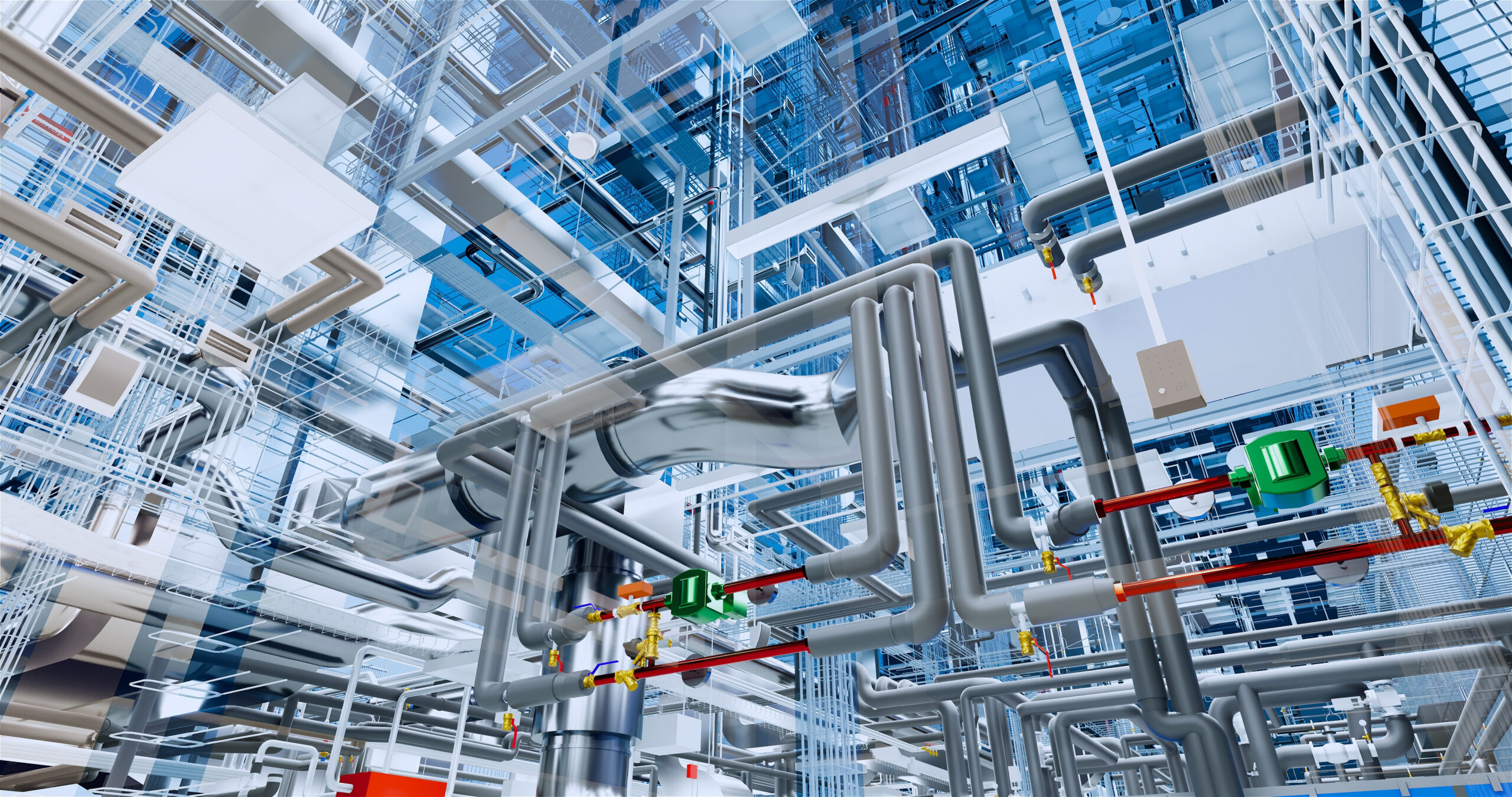 Complex HVAC mechanical services representing BMS integration, plant controls and BMS graphics for a commercial building installation.