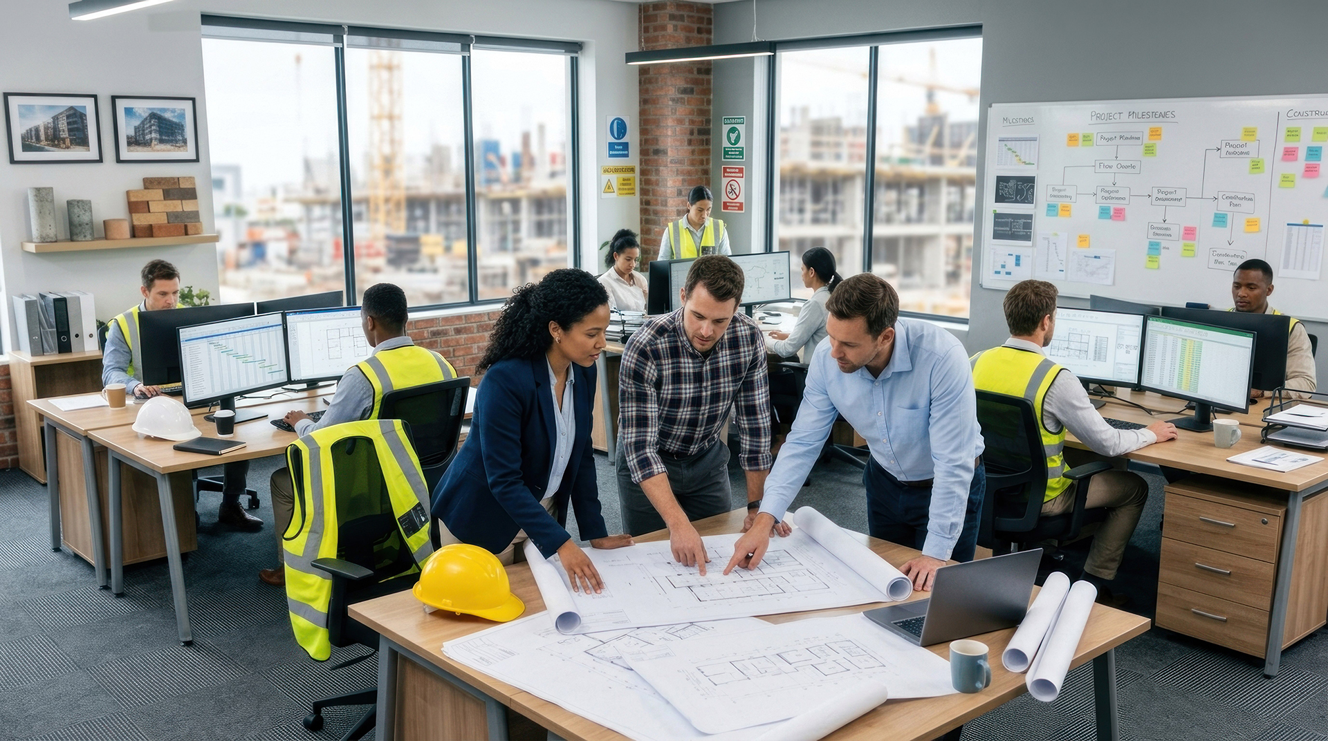 Project team reviewing plans in a construction office for a new BMS installation and building automation project.