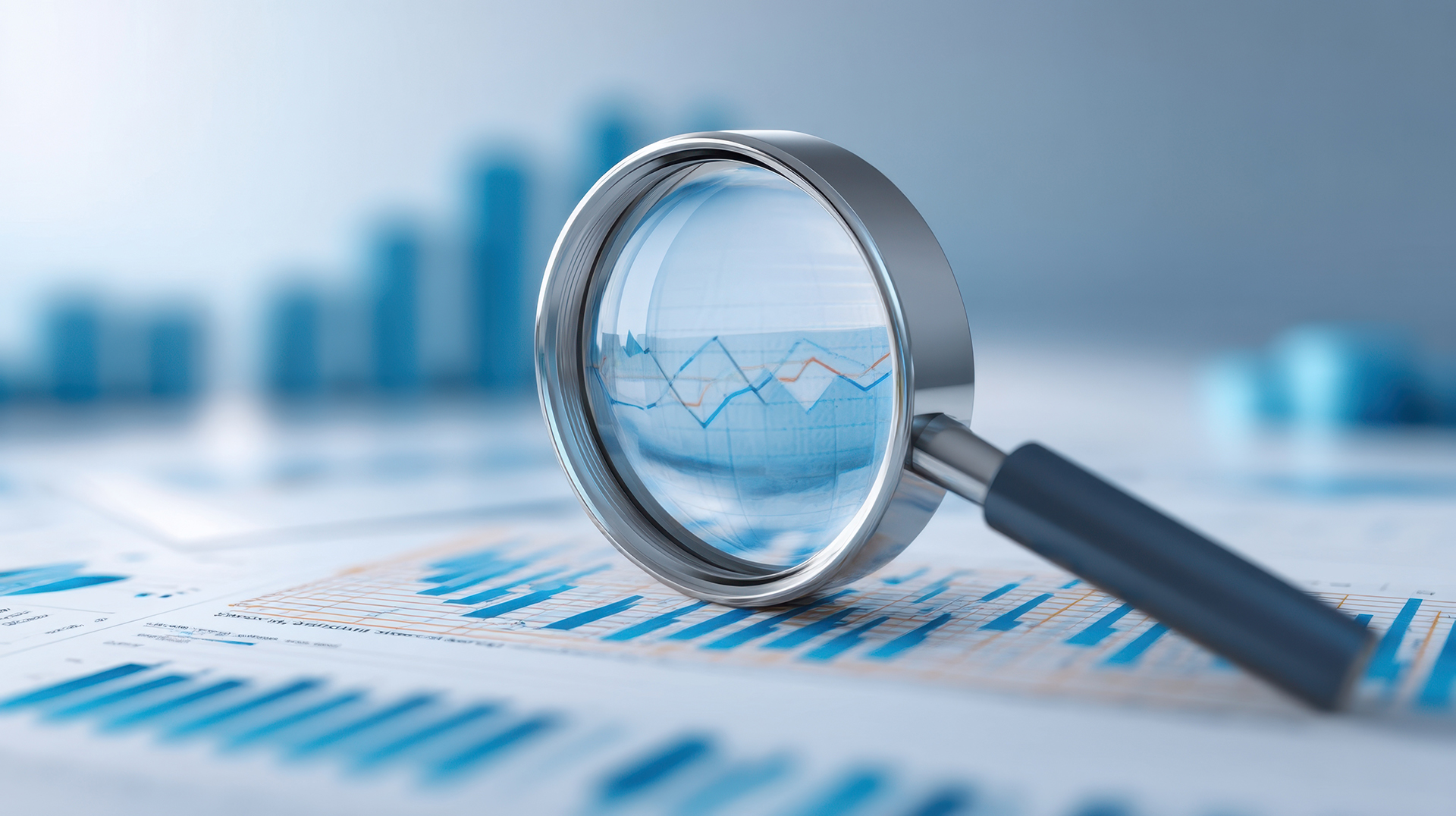 Magnifying glass examining technical and financial data during commercial property due diligence.